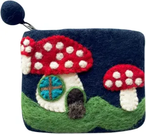 Handmade Felted Wool Pouch, Hand Crafted Zipper Coin Purse, Felt Coin Purse Card Case, Cottagecore Purse (Mushroom House)