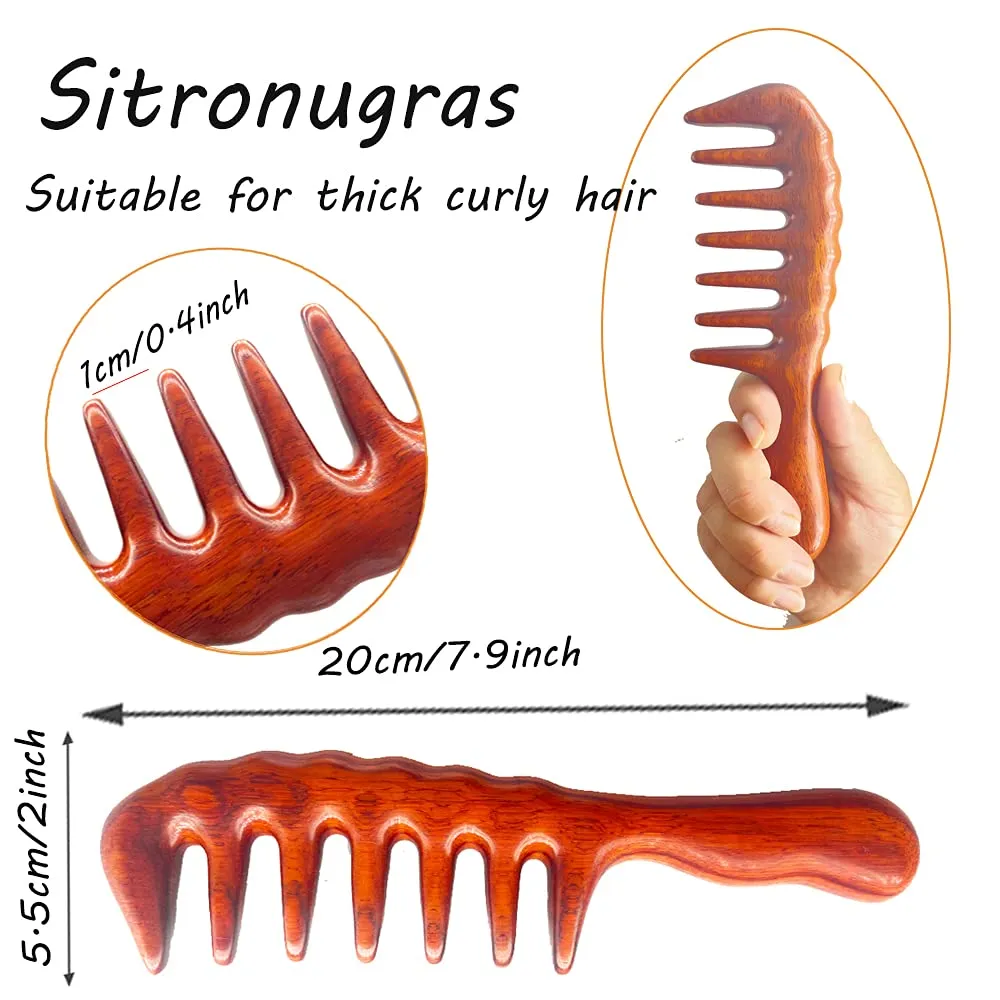 Handmade Wide Tooth Sandalwood Comb, Scalp Massage Hair Pick, Anti-Static Natural Detangler for Men and Women with Free Pouch