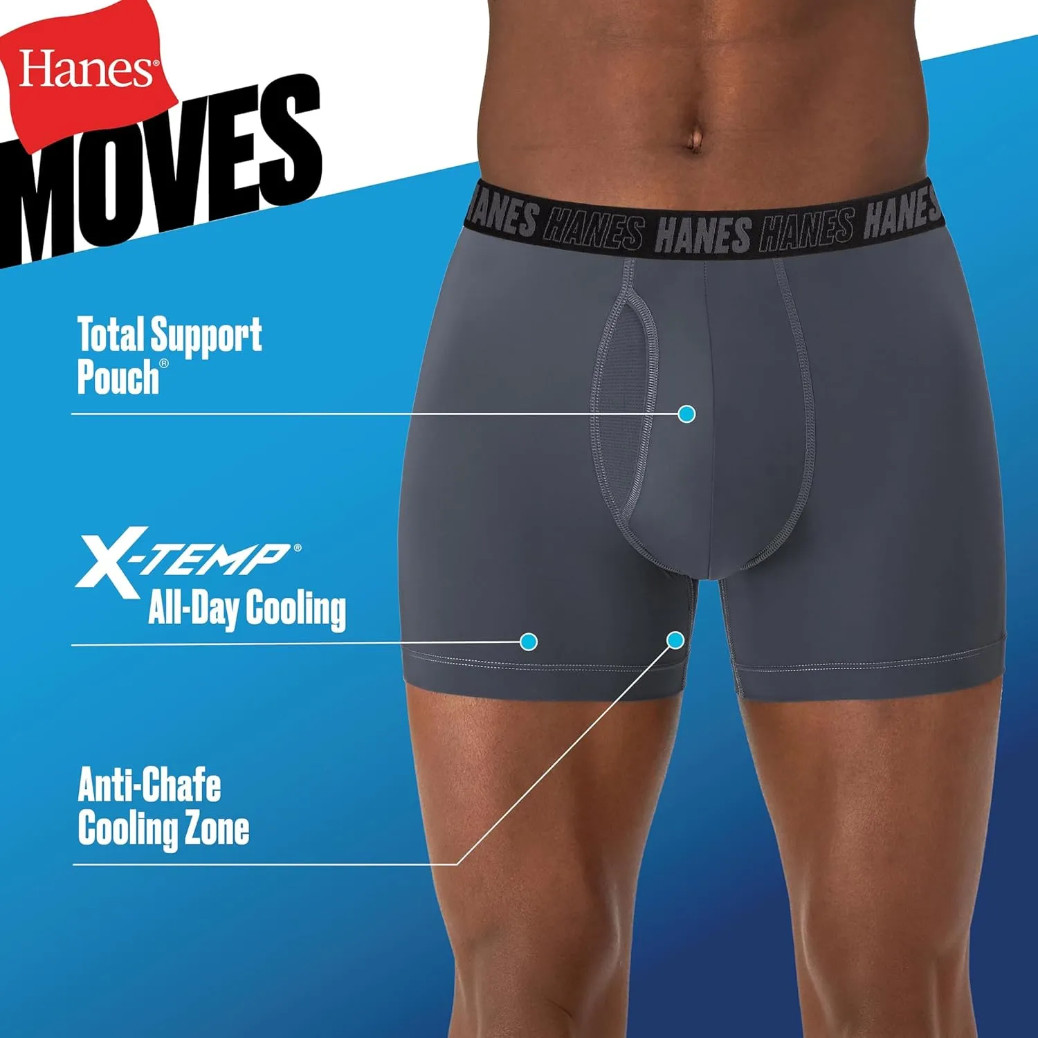Hanes Men's Moves Performance Boxer Brief, Total Support Pouch, Regular, Trunk, and Long Leg, 3-Pack