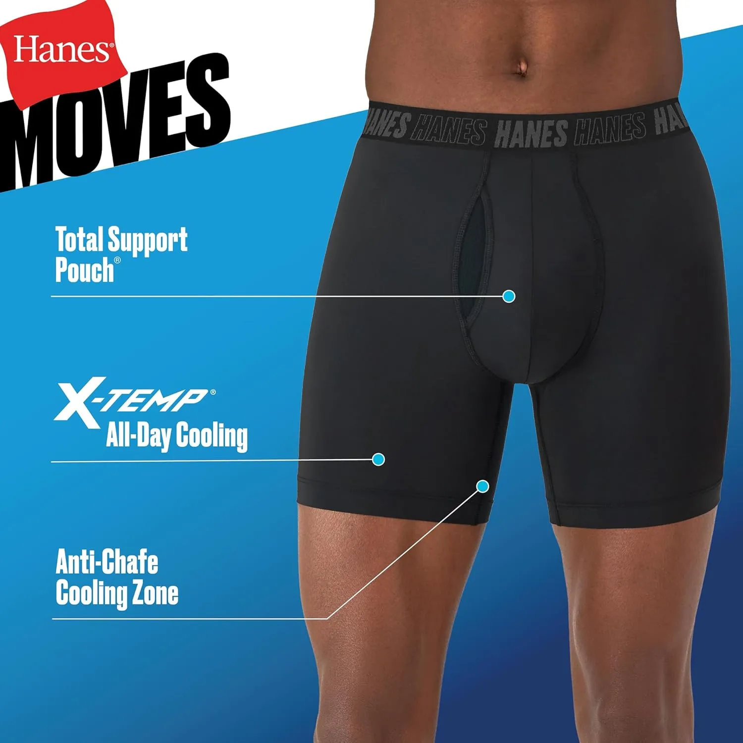 Hanes Men's Moves Performance Boxer Brief, Total Support Pouch, Regular, Trunk, and Long Leg, 3-Pack