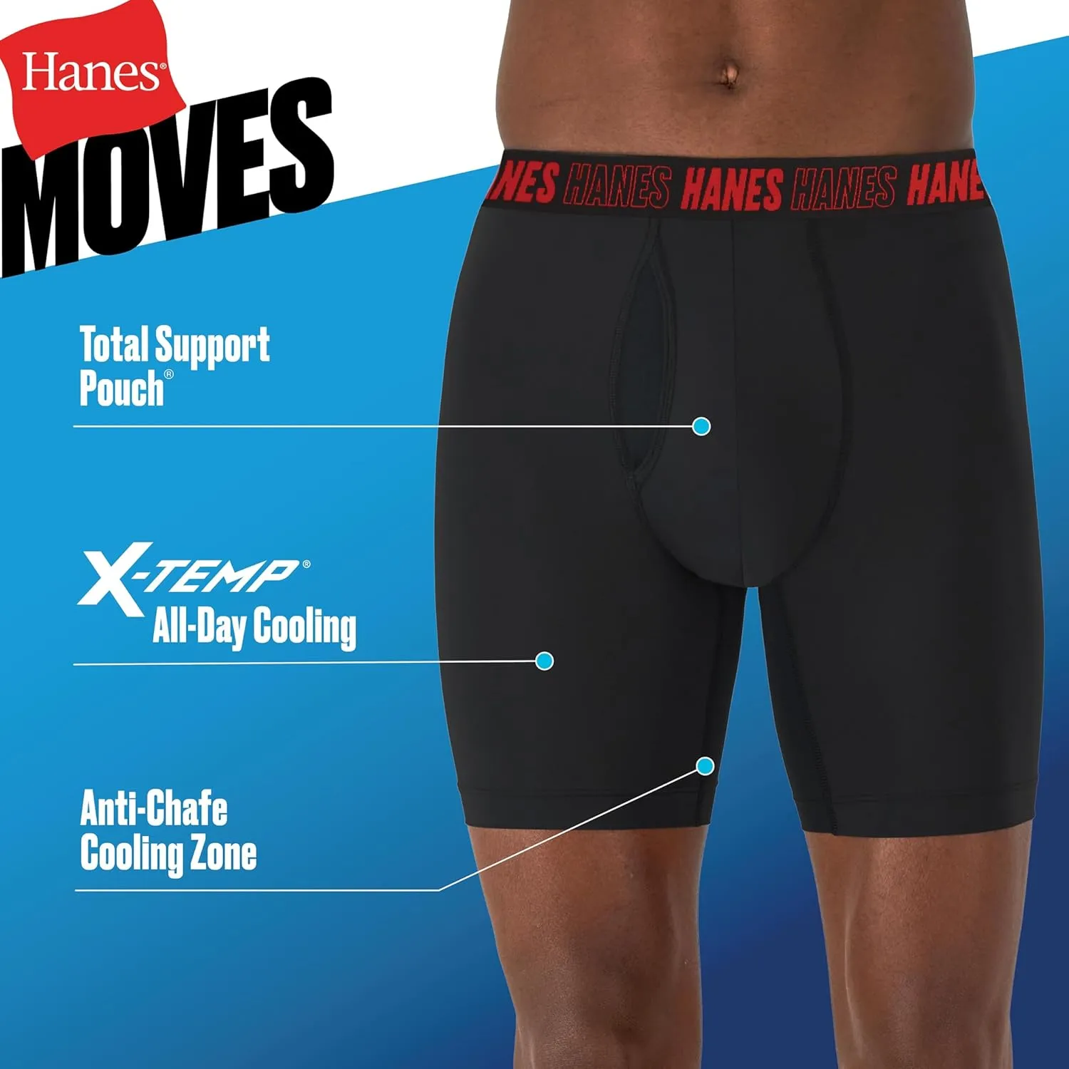 Hanes Men's Moves Performance Boxer Brief, Total Support Pouch, Regular, Trunk, and Long Leg, 3-Pack