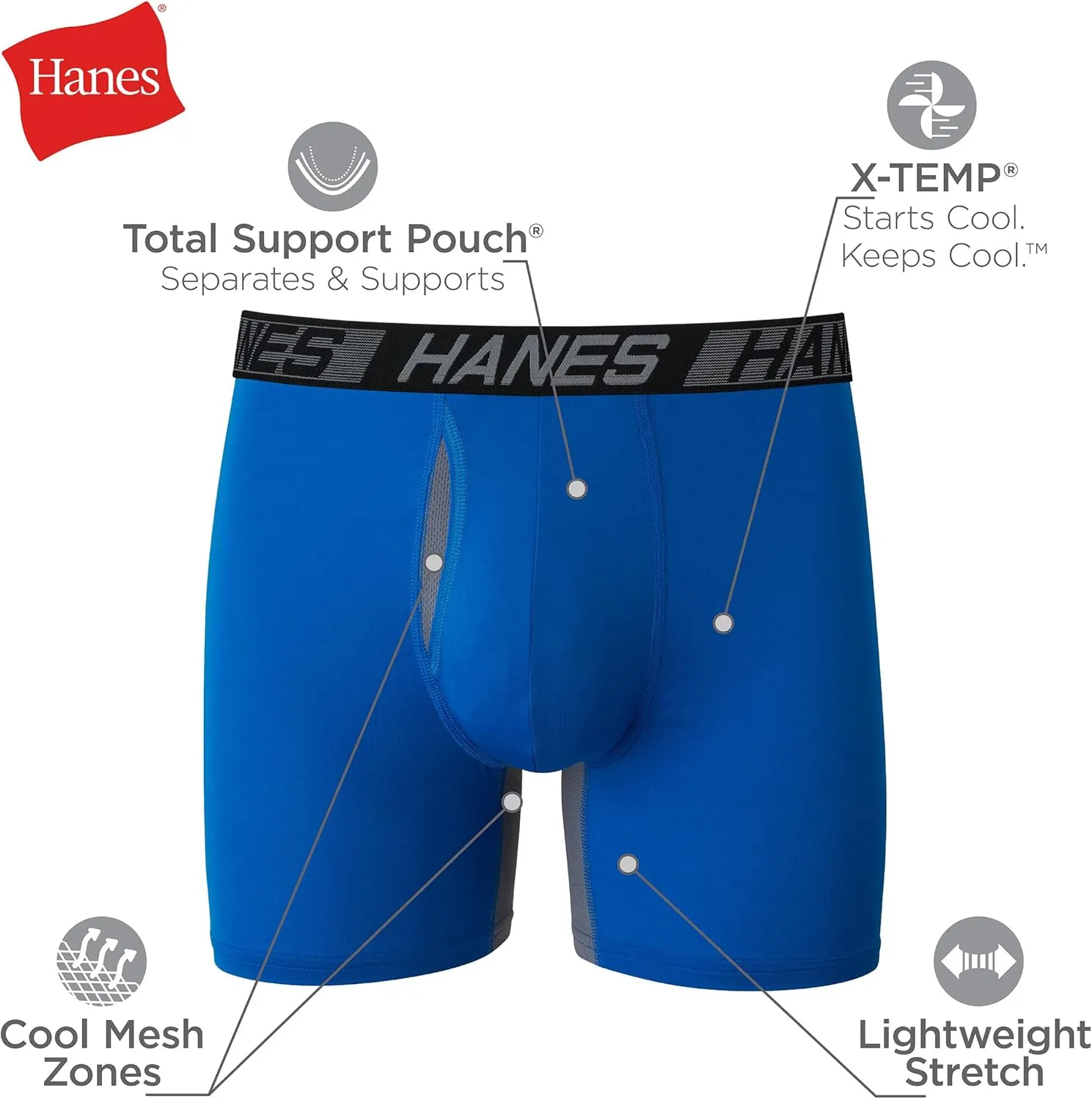 Hanes Men’s Total Support Pouch Boxer Briefs, X-Temp Cooling, Moisture-Wicking Underwear, Regular, Long-leg and Trunk, 3-Pack