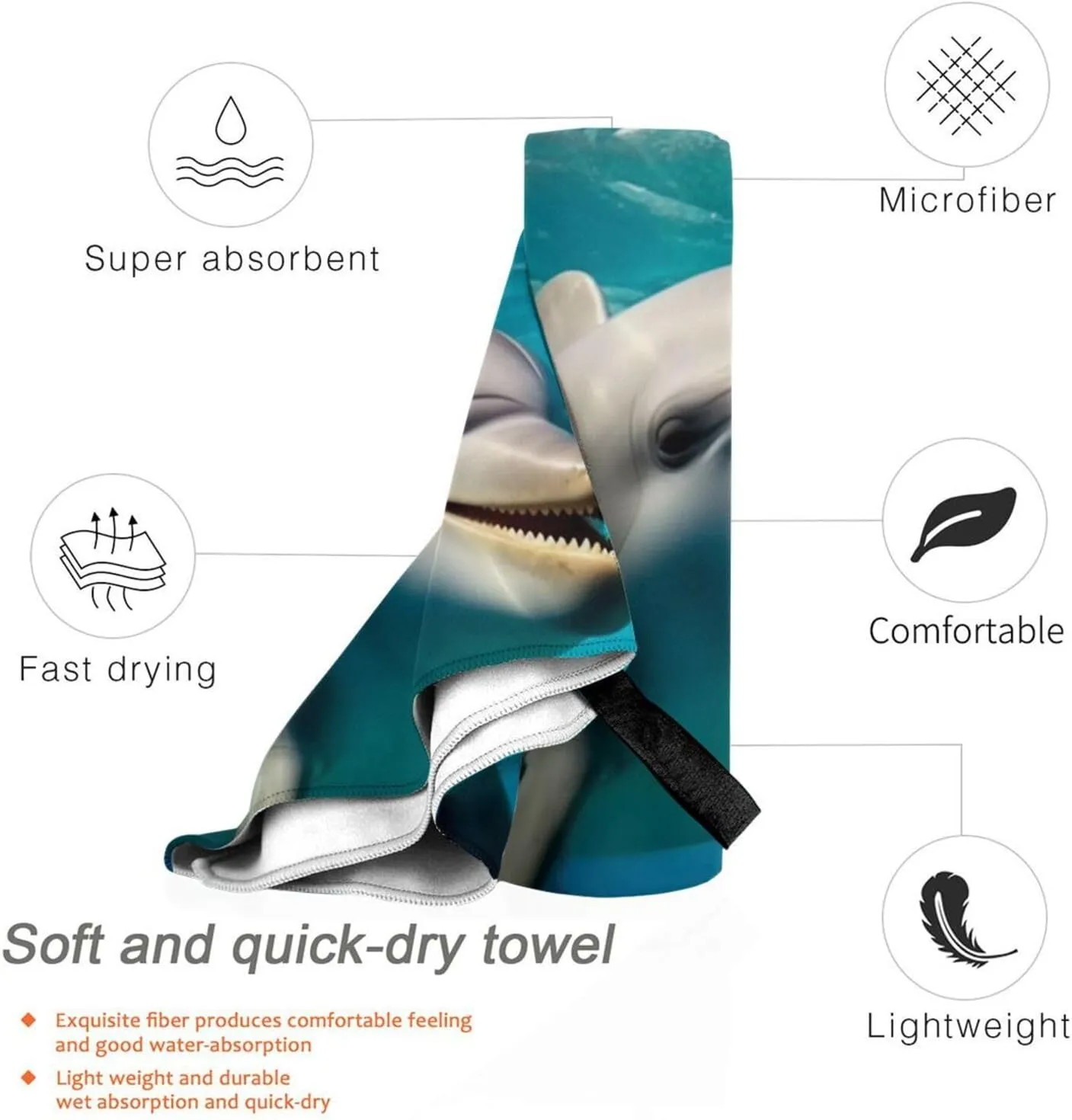 Happy Roaming Dolphin Printed Ultra-Fine Fiber Towels - Quick Drying, Lightweight, and Portable Travel Towels/Beach Towels Suitable for Outdoor Activities, Gyms, and Yoga