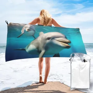 Happy Roaming Dolphin Printed Ultra-Fine Fiber Towels - Quick Drying, Lightweight, and Portable Travel Towels/Beach Towels Suitable for Outdoor Activities, Gyms, and Yoga