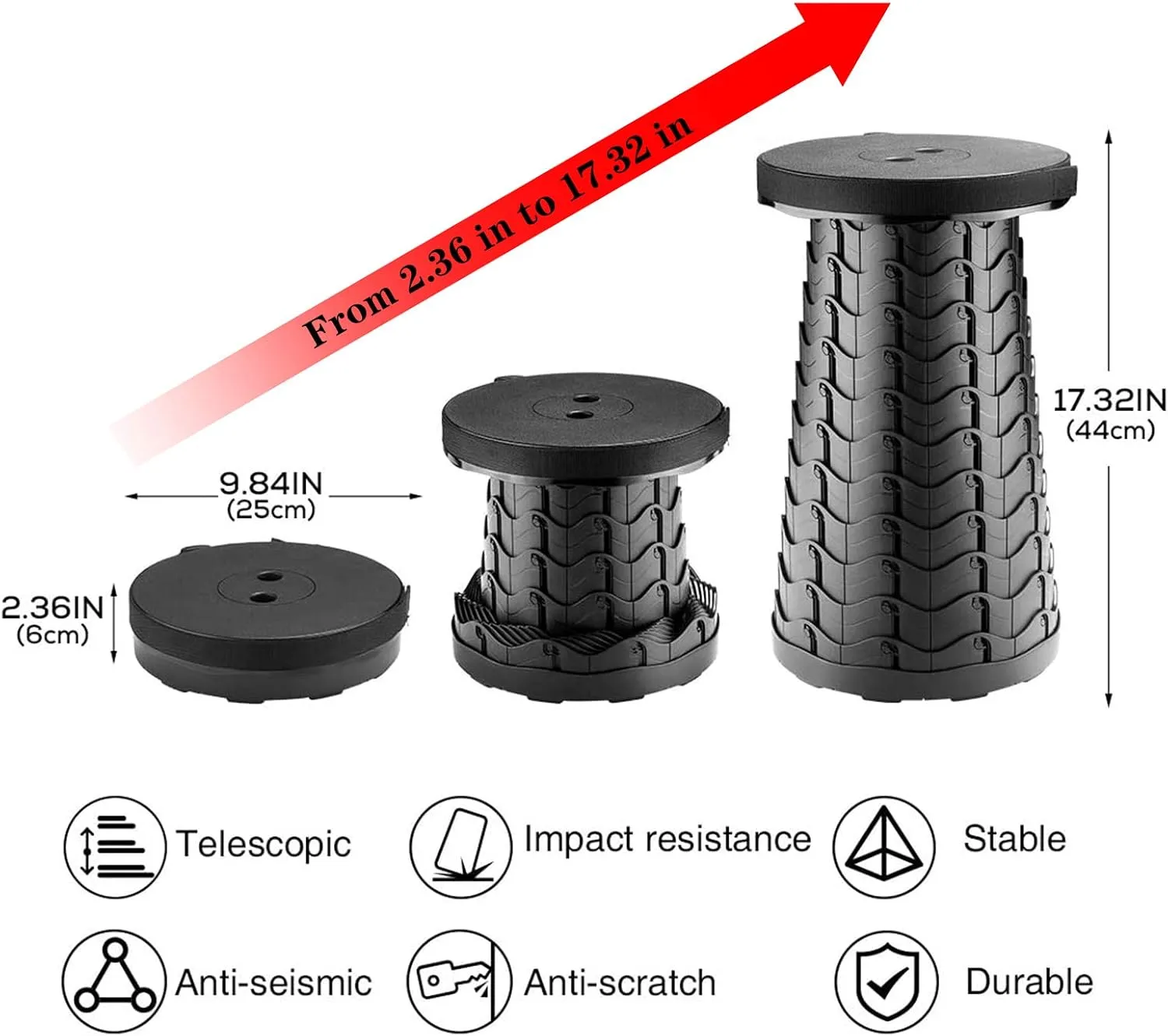 Hesanzol Portable Telescoping Stool, Retractable Folding Stool for Camping Garden Fishing Hiking Travel BBQ, Adjustable Collapsible Stools Max Load 400lbs