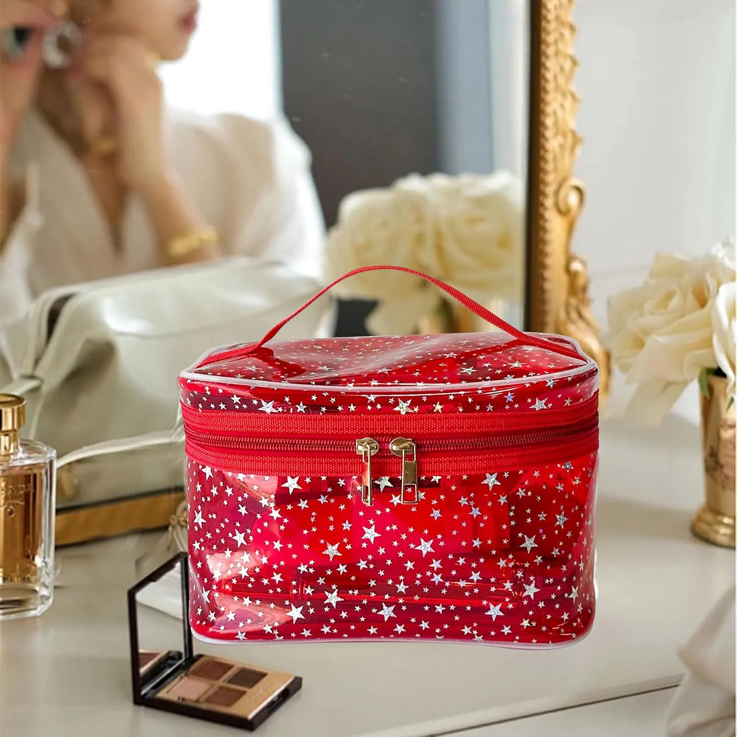 Holographic Makeup Bags Bulk,Clear Storage Bag Toiletry Pocket Portable Zippered Iridescent Pouch Waterproof Cosmetic Gift Bags for Women (Blue-L)