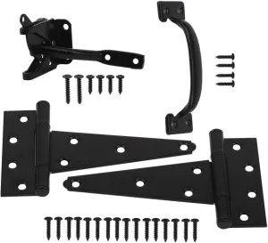 HOME MASTER HARDWARE Wood Gate Hardware Set- Heavy Duty 6" Gate Tee Hinge,Pull Set Gate Hardware Kit with Screws for Outdoor Fence Swing Gate Black Finish