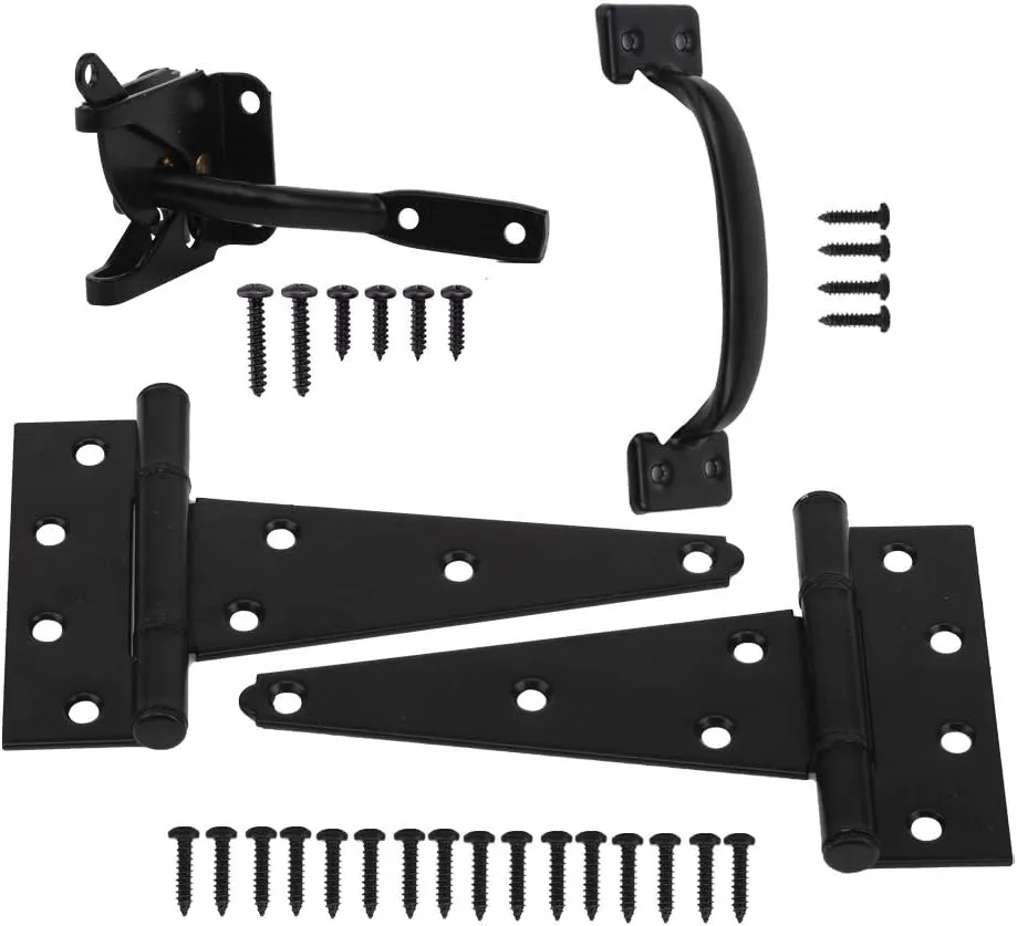 HOME MASTER HARDWARE Wood Gate Hardware Set- Heavy Duty 6" Gate Tee Hinge,Pull Set Gate Hardware Kit with Screws for Outdoor Fence Swing Gate Black Finish