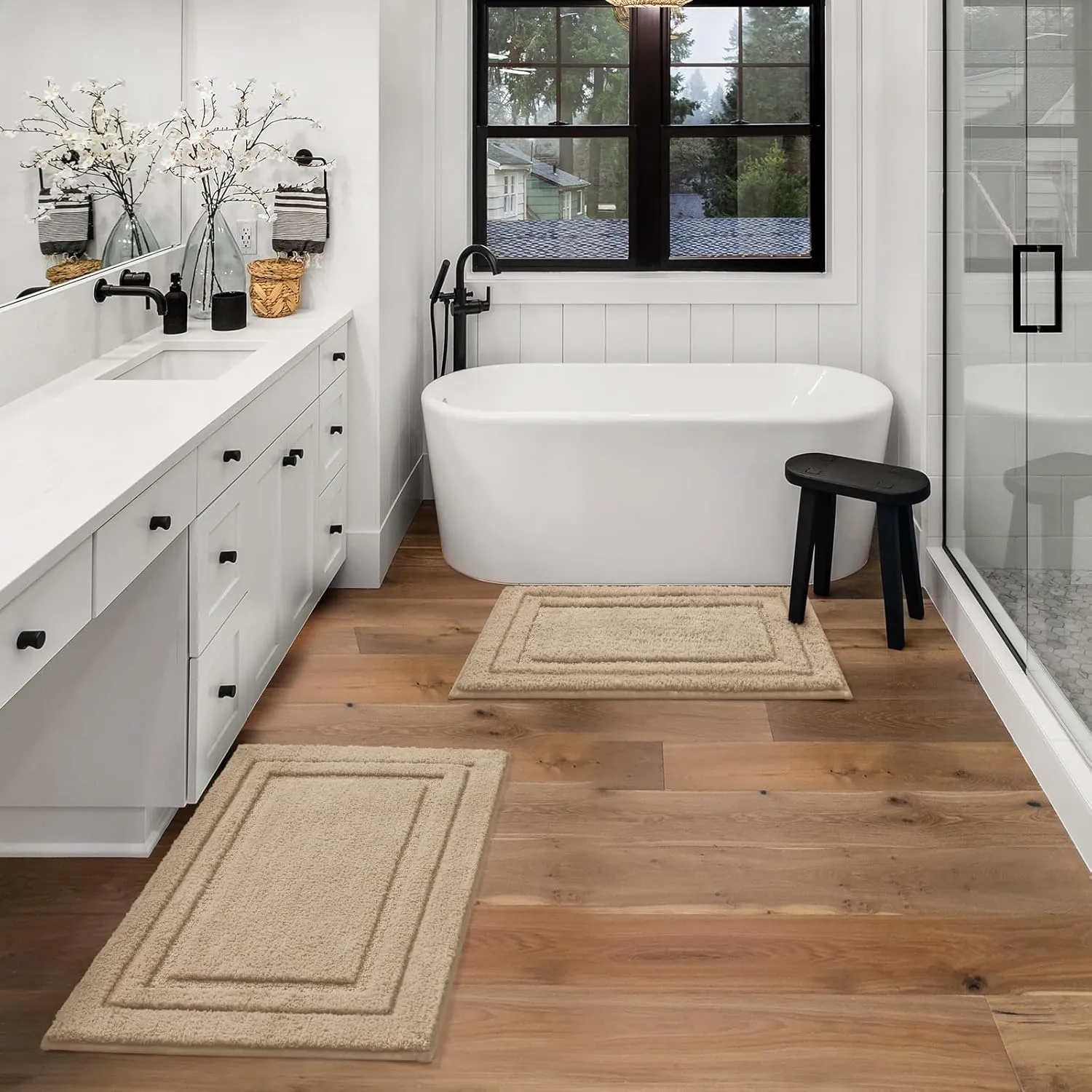HOMEIDEAS Bathroom Rugs Sets 2 Piece, Super Soft and Absorbent Non Slip Microfiber Machine Washable Bath Mat Set (20" x 32"   16" x 24", Beige)