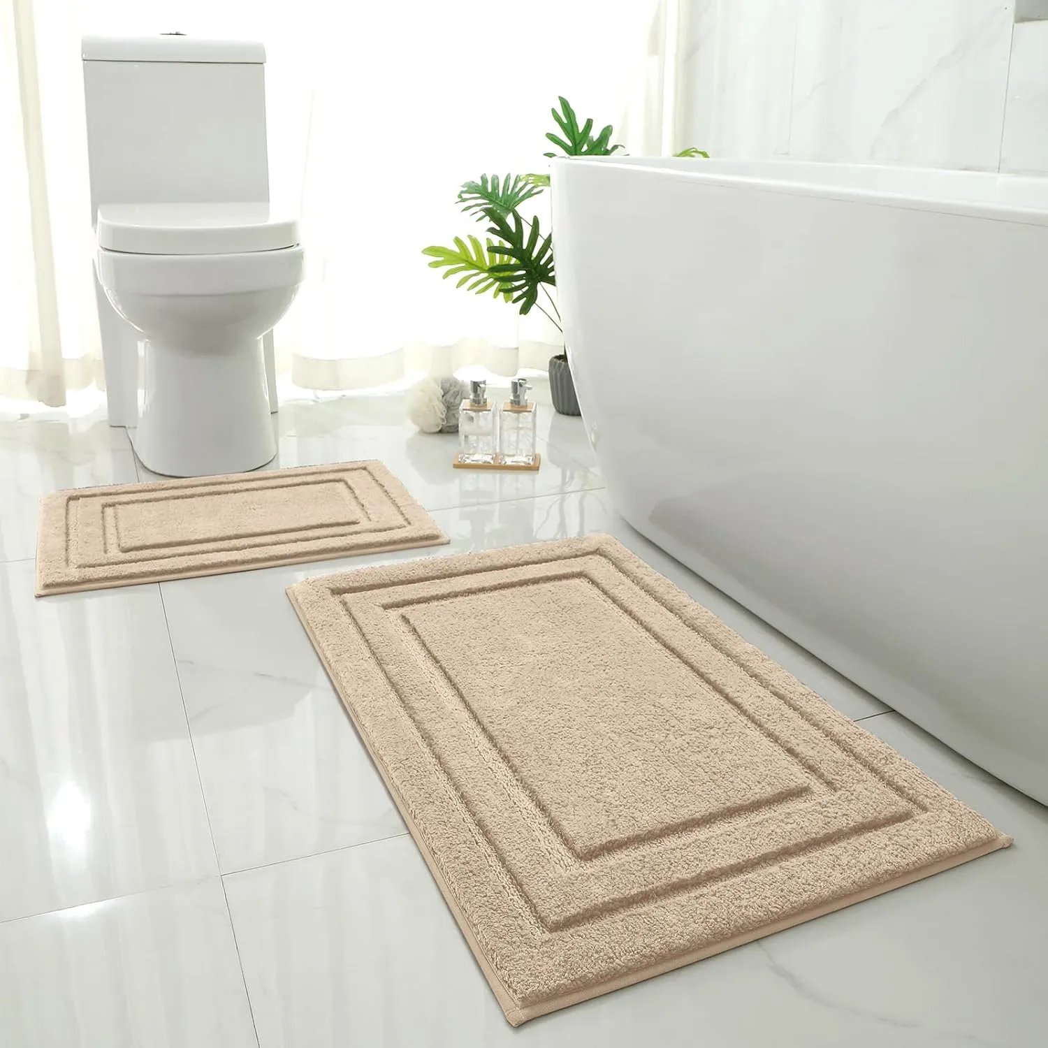 HOMEIDEAS Bathroom Rugs Sets 2 Piece, Super Soft and Absorbent Non Slip Microfiber Machine Washable Bath Mat Set (20" x 32"   16" x 24", Beige)