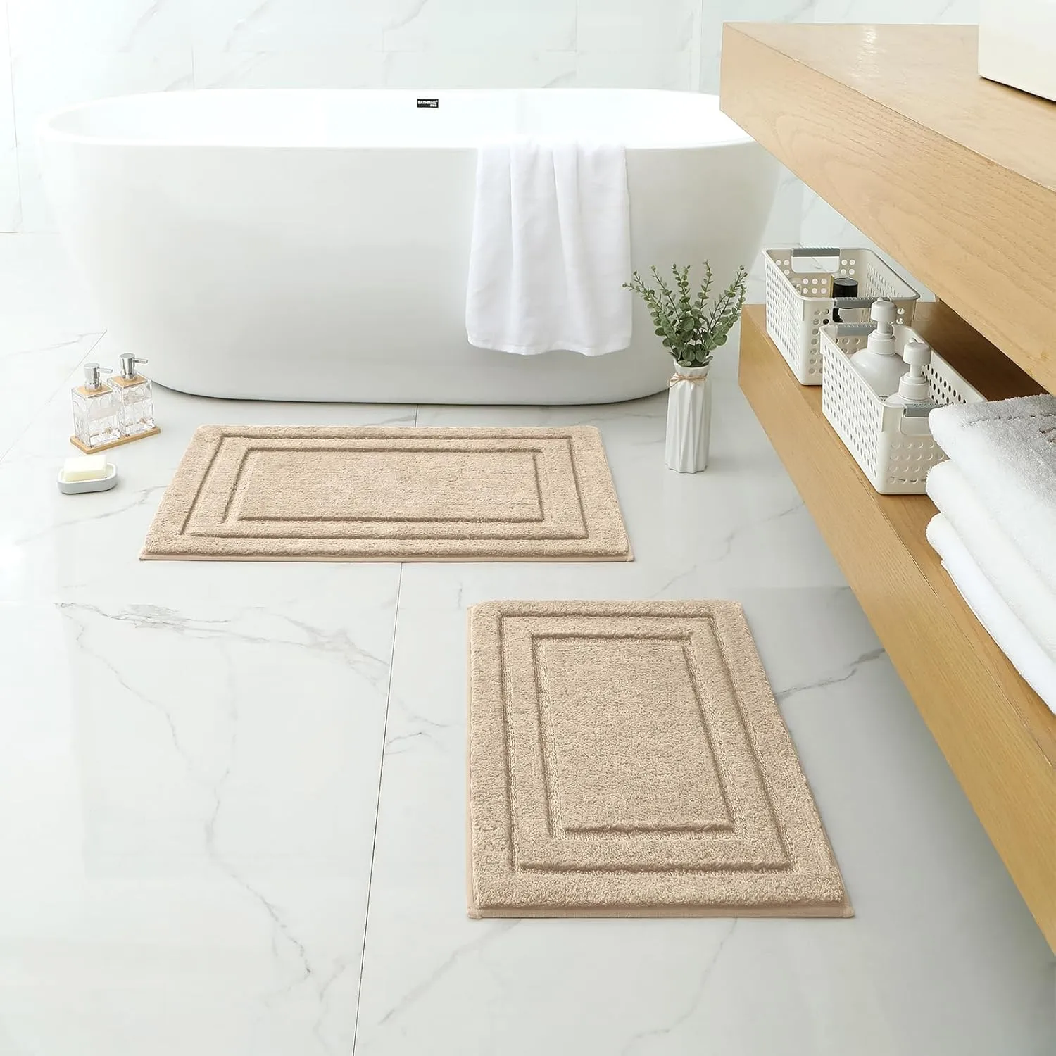 HOMEIDEAS Bathroom Rugs Sets 2 Piece, Super Soft and Absorbent Non Slip Microfiber Machine Washable Bath Mat Set (20" x 32"   16" x 24", Beige)
