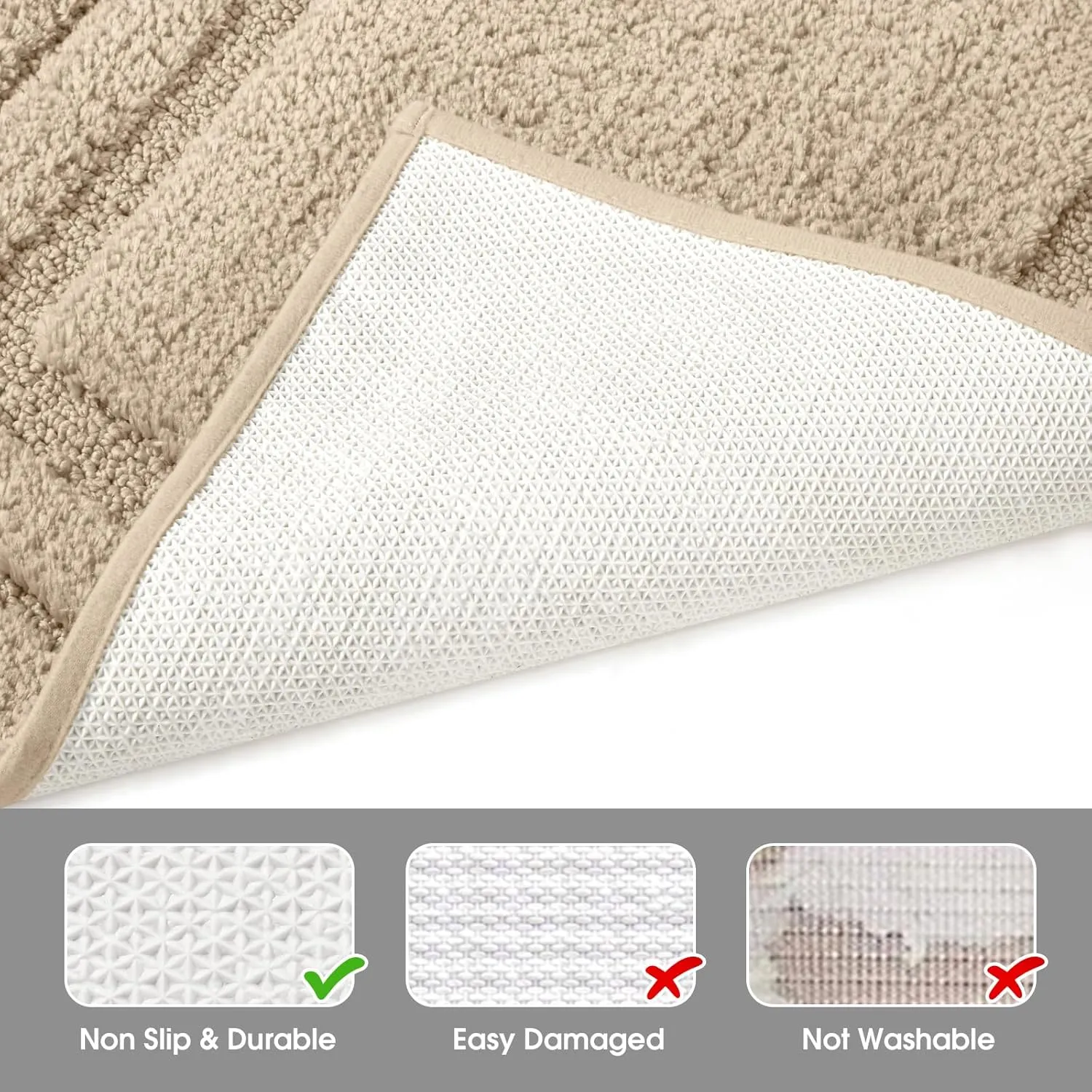 HOMEIDEAS Bathroom Rugs Sets 2 Piece, Super Soft and Absorbent Non Slip Microfiber Machine Washable Bath Mat Set (20" x 32"   16" x 24", Beige)