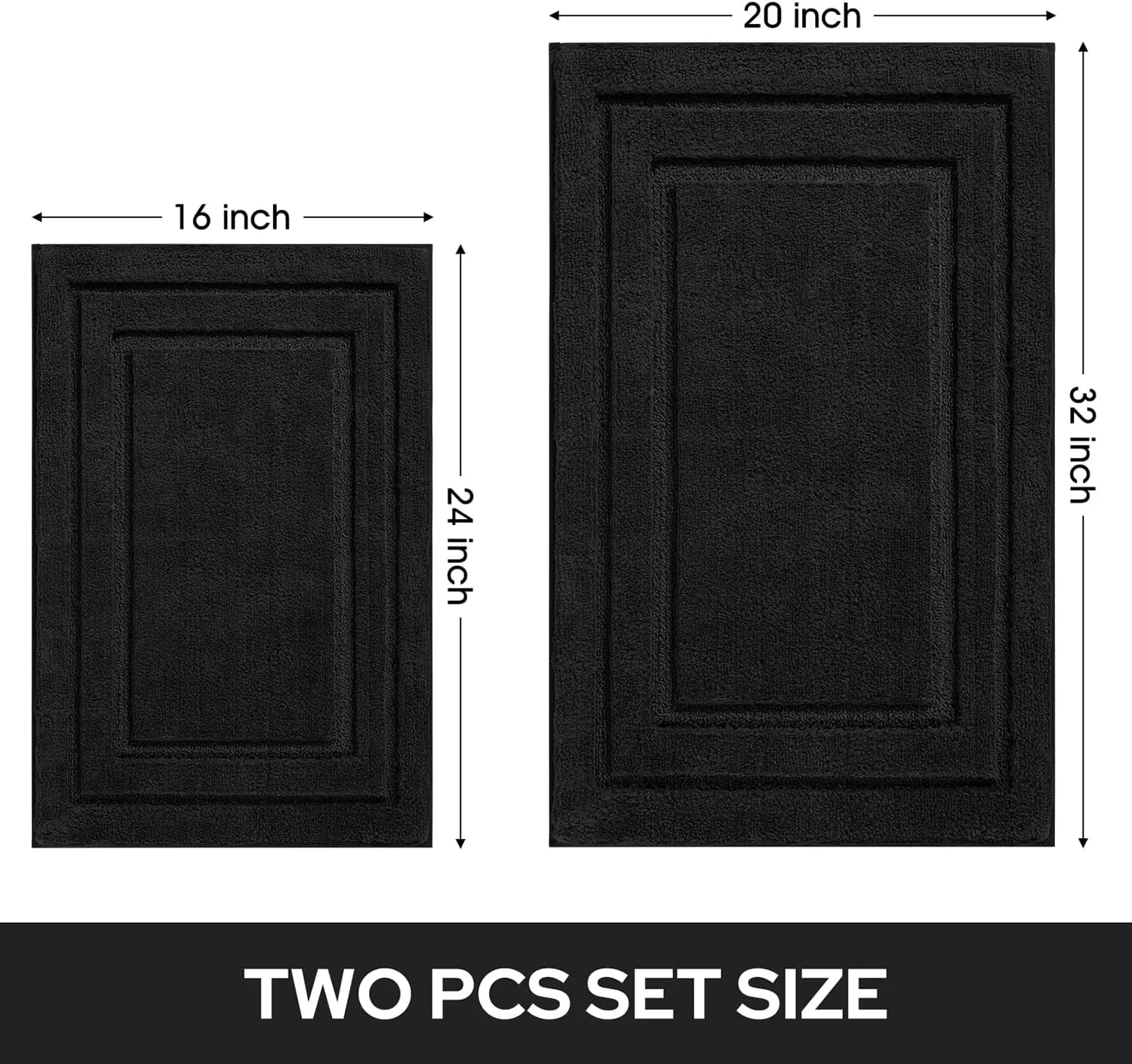 HOMEIDEAS Bathroom Rugs Sets 2 Piece, Super Soft and Absorbent Non Slip Microfiber Machine Washable Bath Mat Set (20" x 32"   16" x 24", Black)