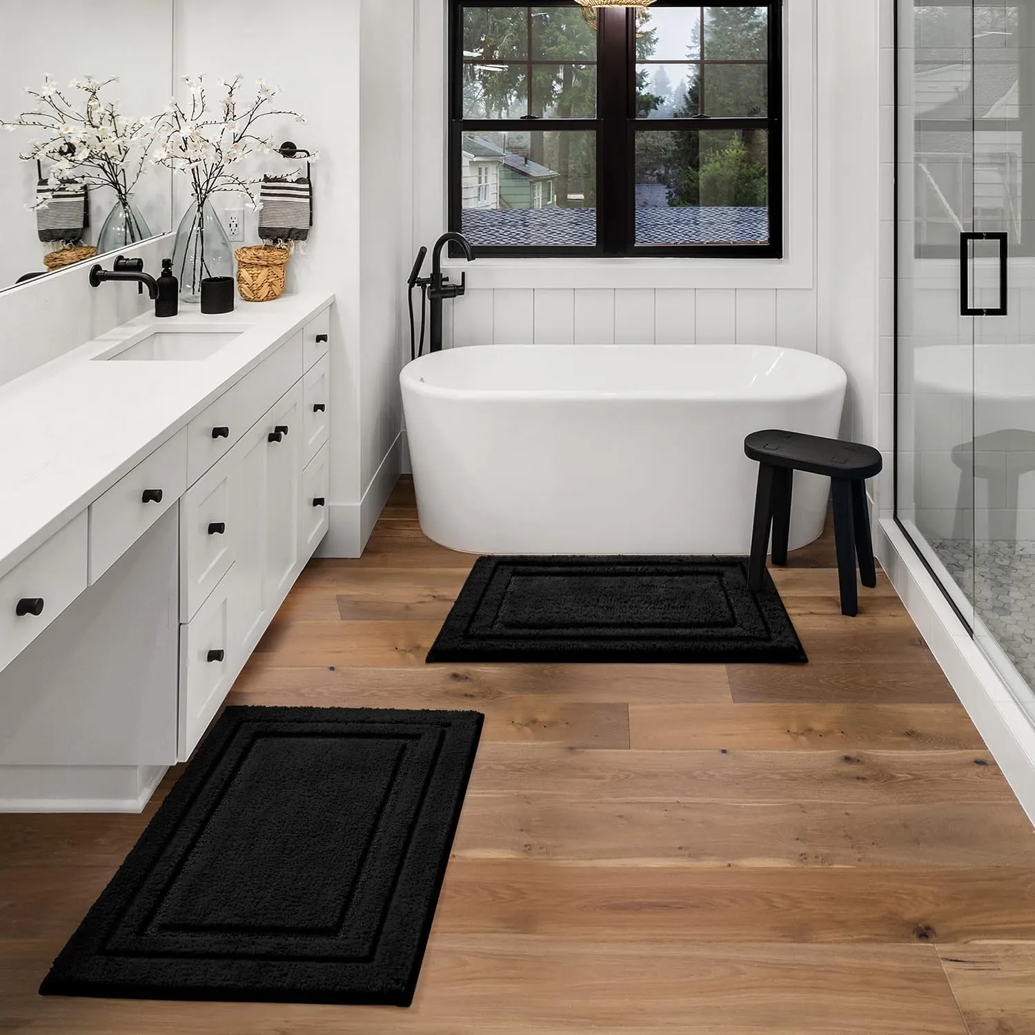 HOMEIDEAS Bathroom Rugs Sets 2 Piece, Super Soft and Absorbent Non Slip Microfiber Machine Washable Bath Mat Set (20" x 32"   16" x 24", Black)