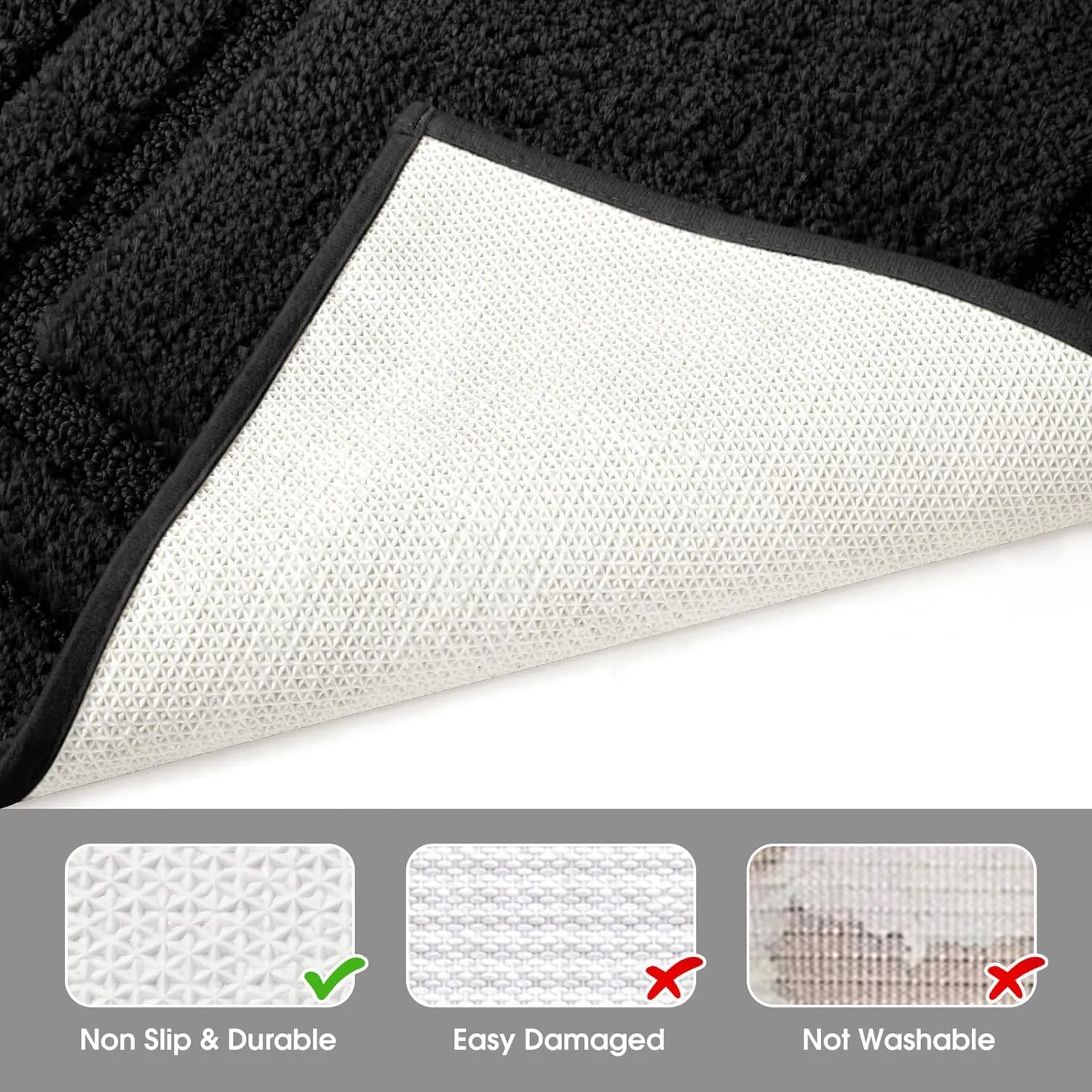 HOMEIDEAS Bathroom Rugs Sets 2 Piece, Super Soft and Absorbent Non Slip Microfiber Machine Washable Bath Mat Set (20" x 32"   16" x 24", Black)