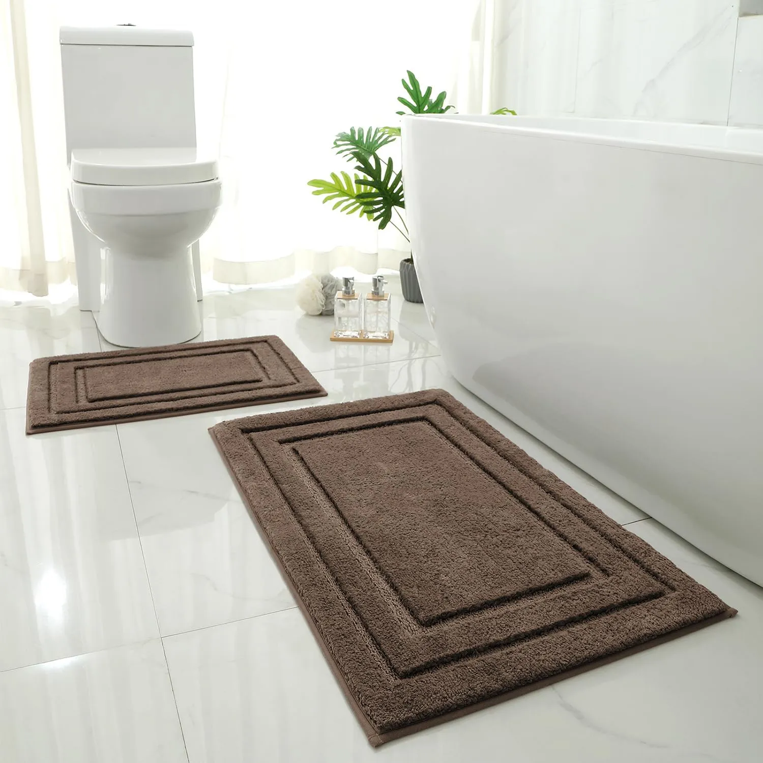 HOMEIDEAS Bathroom Rugs Sets 2 Piece, Super Soft and Absorbent Non Slip Microfiber Machine Washable Bath Mat Set (20" x 32"   16" x 24", Brown)