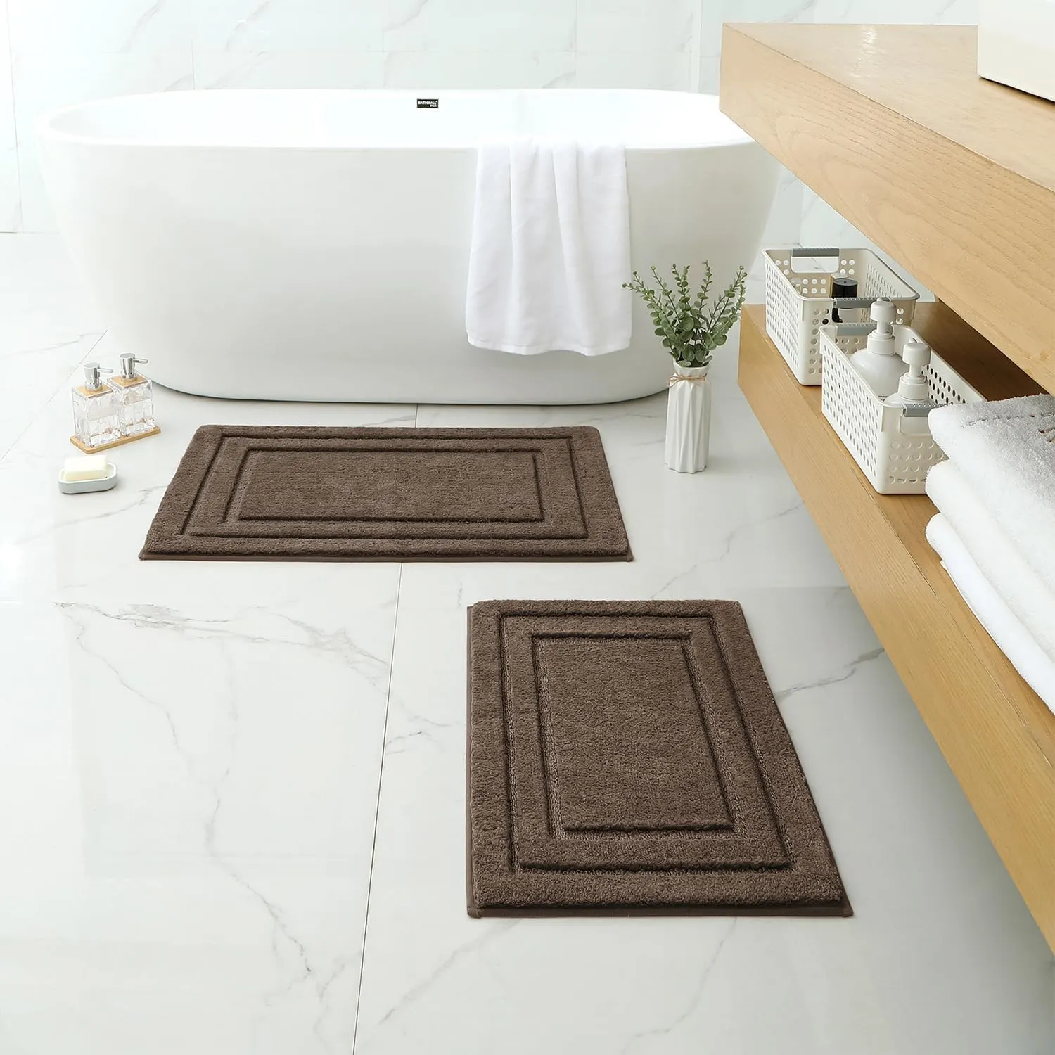 HOMEIDEAS Bathroom Rugs Sets 2 Piece, Super Soft and Absorbent Non Slip Microfiber Machine Washable Bath Mat Set (20" x 32"   16" x 24", Brown)