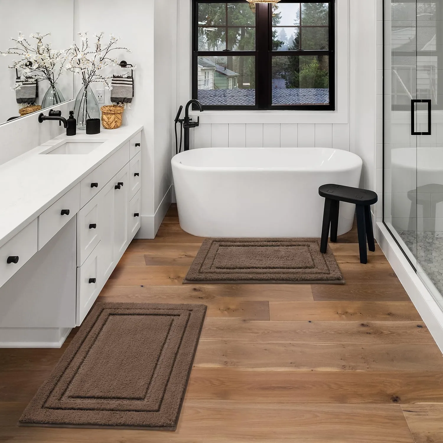 HOMEIDEAS Bathroom Rugs Sets 2 Piece, Super Soft and Absorbent Non Slip Microfiber Machine Washable Bath Mat Set (20" x 32"   16" x 24", Brown)