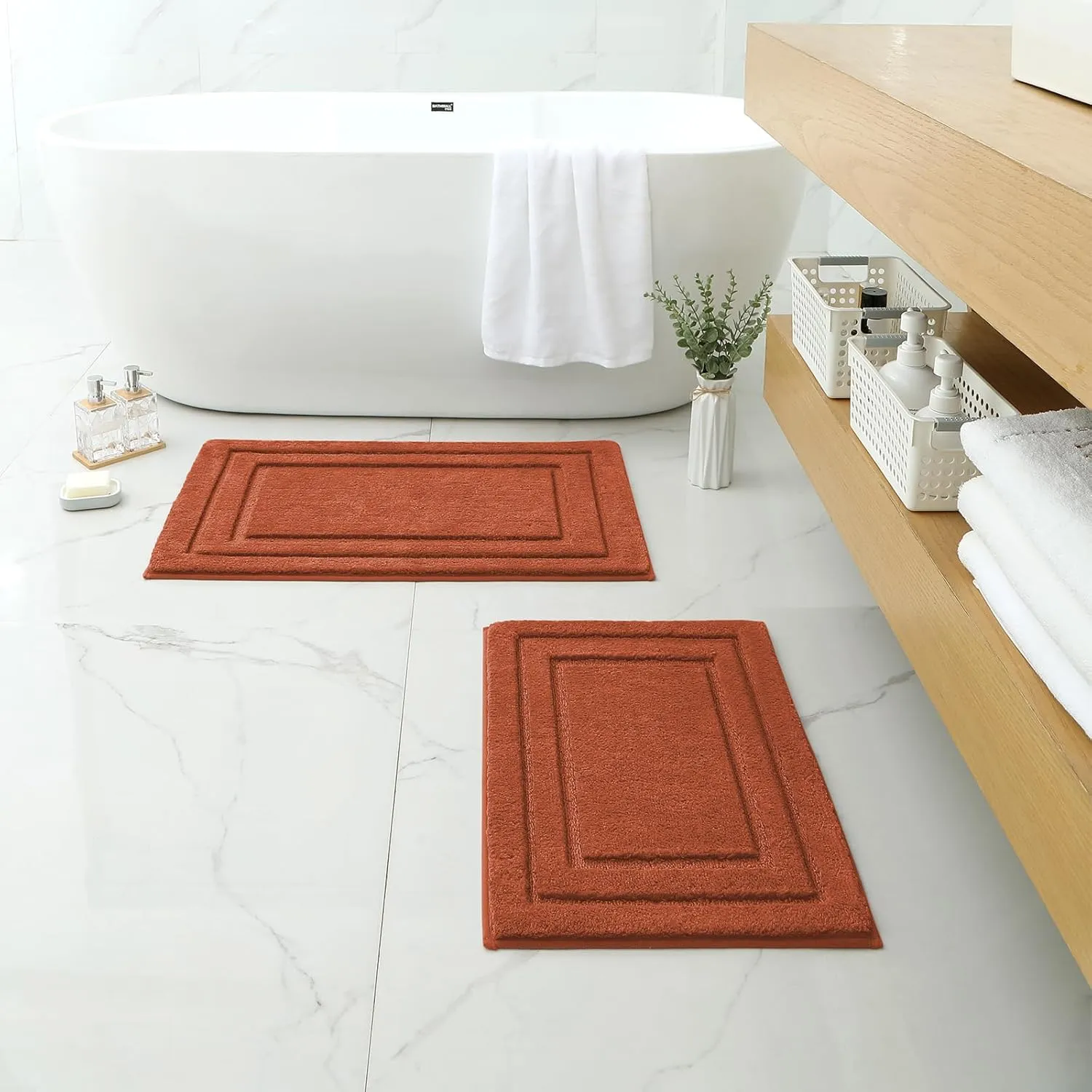 HOMEIDEAS Bathroom Rugs Sets 2 Piece, Super Soft and Absorbent Non Slip Microfiber Machine Washable Bath Mat Set (20" x 32"   16" x 24", Burnt Orange)