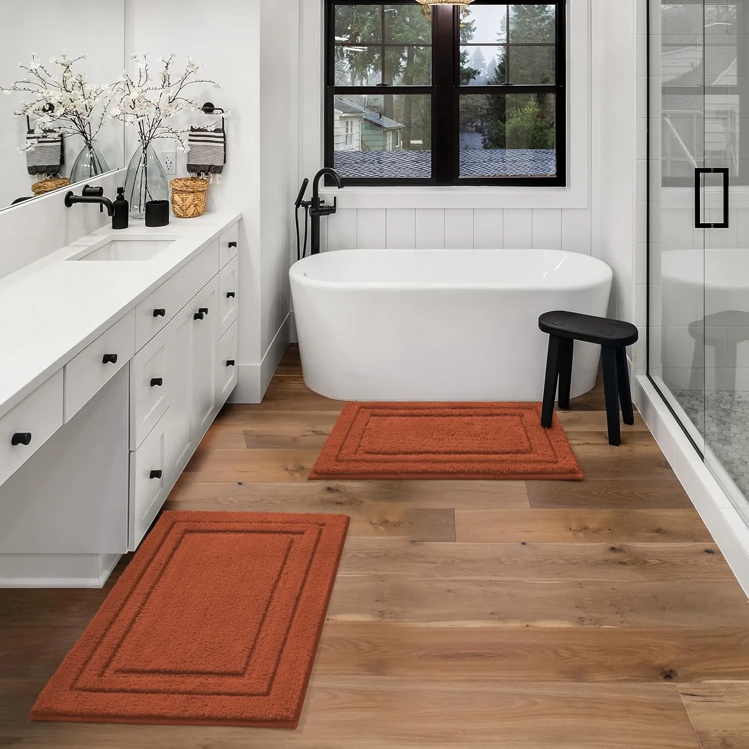 HOMEIDEAS Bathroom Rugs Sets 2 Piece, Super Soft and Absorbent Non Slip Microfiber Machine Washable Bath Mat Set (20" x 32"   16" x 24", Burnt Orange)