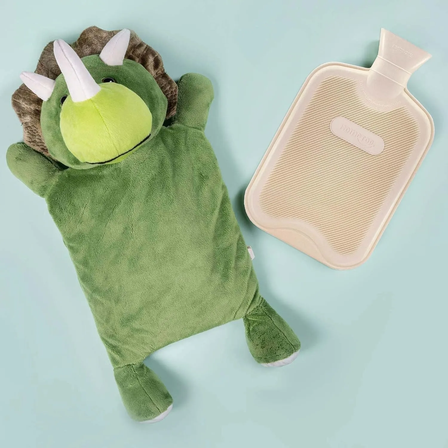 HomeTop Premium Classic Rubber Hot and Cold Water Bottle with Cute Stuffed Triceratops Cover (2L, White)