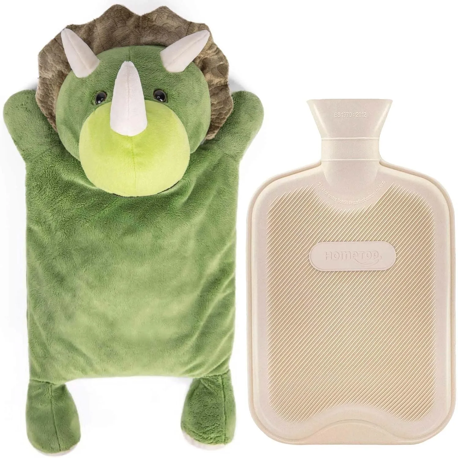HomeTop Premium Classic Rubber Hot and Cold Water Bottle with Cute Stuffed Triceratops Cover (2L, White)