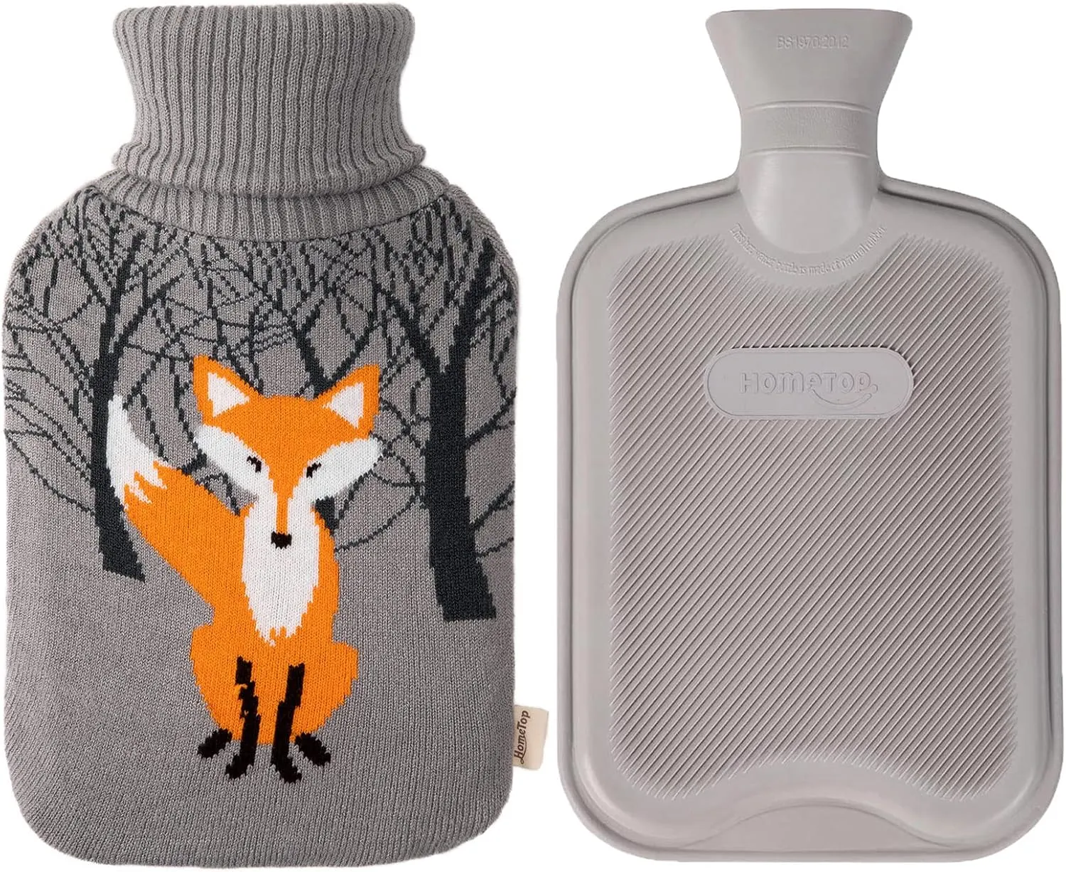 HomeTop Premium Classic Rubber Hot Water Bottle with Cute Knit Cover (2 Liter, Gray)