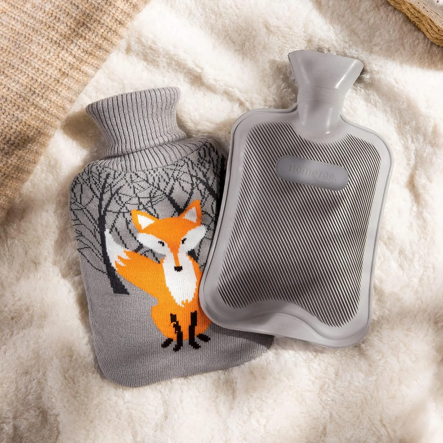 HomeTop Premium Classic Rubber Hot Water Bottle with Cute Knit Cover (2 Liter, Gray)