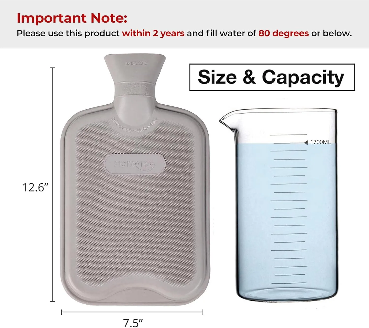 HomeTop Premium Classic Rubber Hot Water Bottle with Cute Knit Cover (2 Liter, Gray)