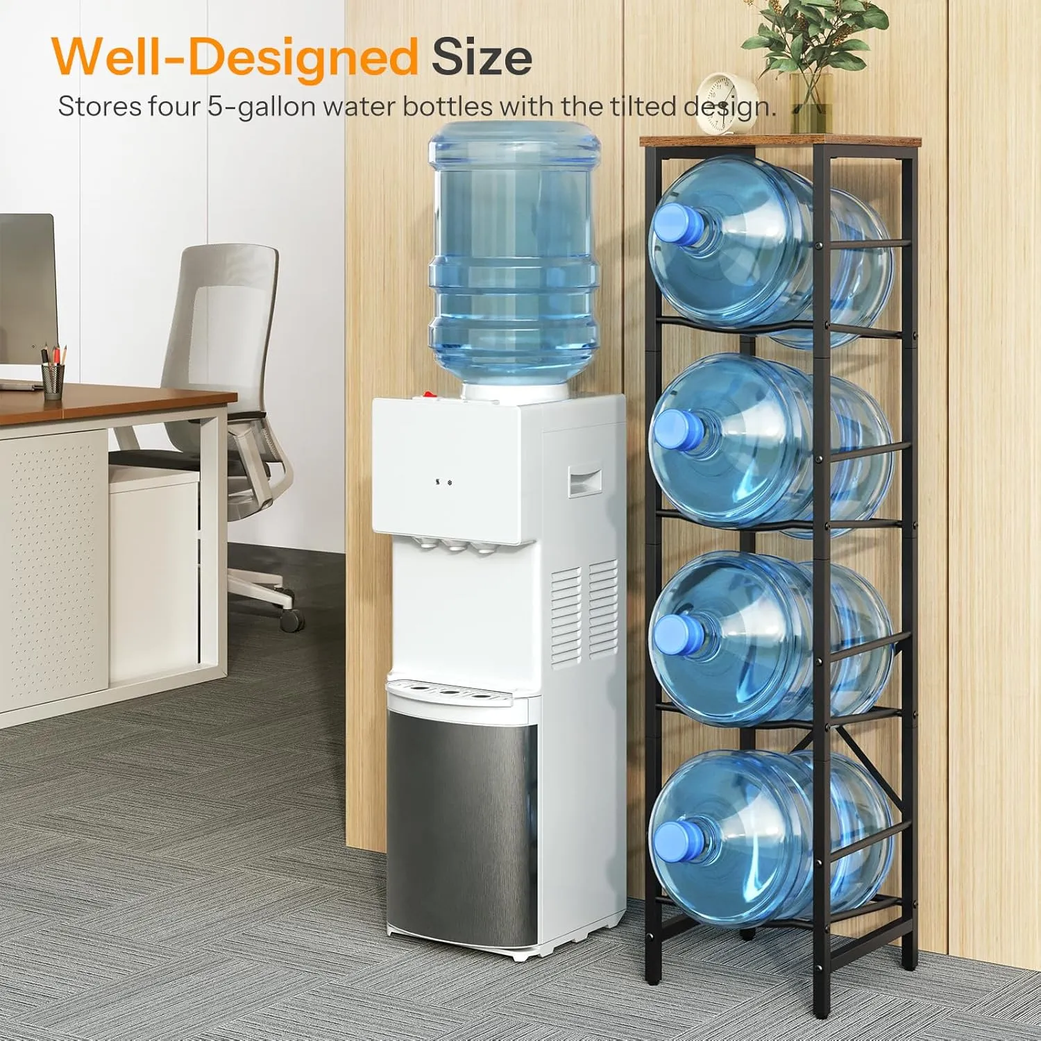 HOOBRO Water Jug Rack, Water Bottle Holder, 5 Gallon Water Jug Rack, 4-Tier Water Bottle Stand, Water Jug Stand, for Kitchen, Living Room, Office, Rustic Brown and Black BF02ST01