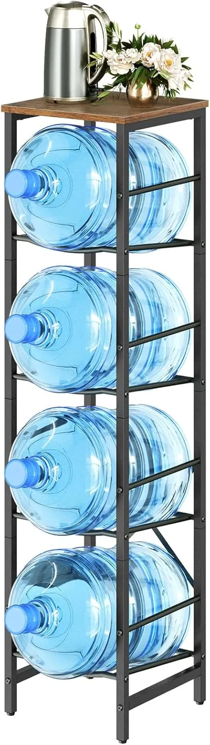 HOOBRO Water Jug Rack, Water Bottle Holder, 5 Gallon Water Jug Rack, 4-Tier Water Bottle Stand, Water Jug Stand, for Kitchen, Living Room, Office, Rustic Brown and Black BF02ST01