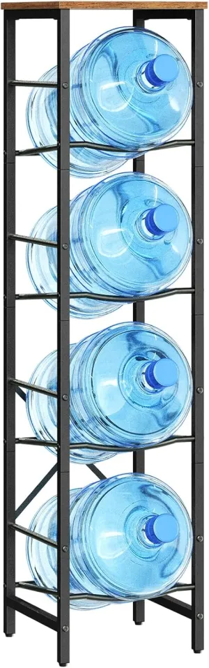 HOOBRO Water Jug Rack, Water Bottle Holder, 5 Gallon Water Jug Rack, 4-Tier Water Bottle Stand, Water Jug Stand, for Kitchen, Living Room, Office, Rustic Brown and Black BF02ST01