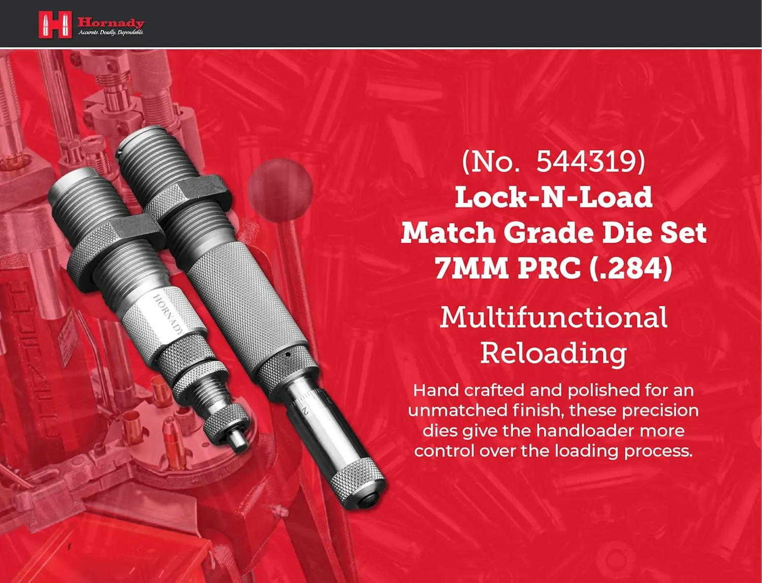 Hornady Match Grade 2 Die Set - Caliber Specific Reloading Equipment for Handloaders with Full Length Sizer Die, Seating Die with Roll Crimp, Sure-Loc Rings, & Storage