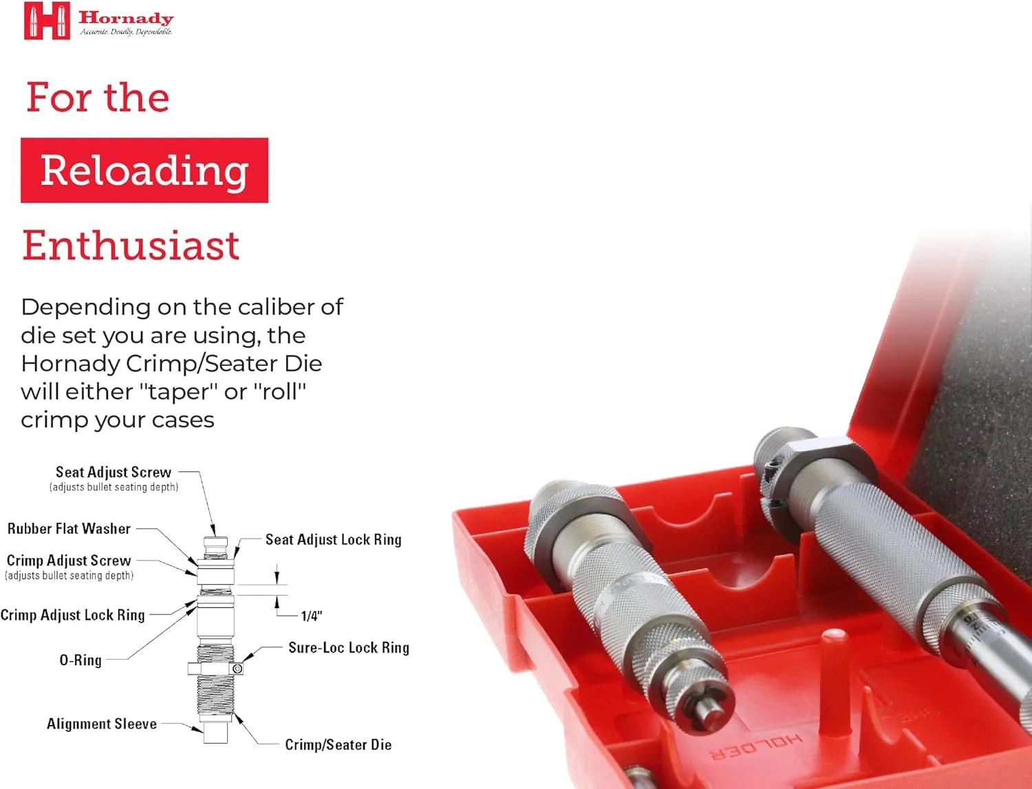Hornady Match Grade 2 Die Set - Caliber Specific Reloading Equipment for Handloaders with Full Length Sizer Die, Seating Die with Roll Crimp, Sure-Loc Rings, & Storage