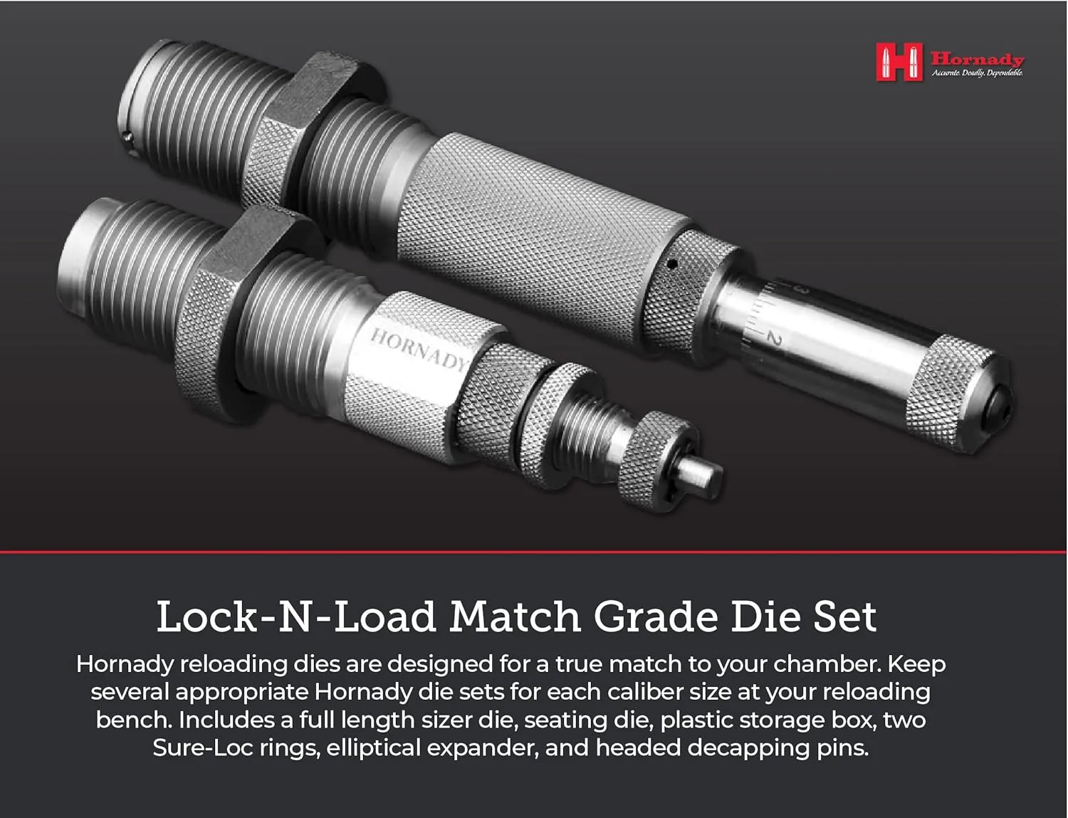 Hornady Match Grade 2 Die Set - Caliber Specific Reloading Equipment for Handloaders with Full Length Sizer Die, Seating Die with Roll Crimp, Sure-Loc Rings, & Storage