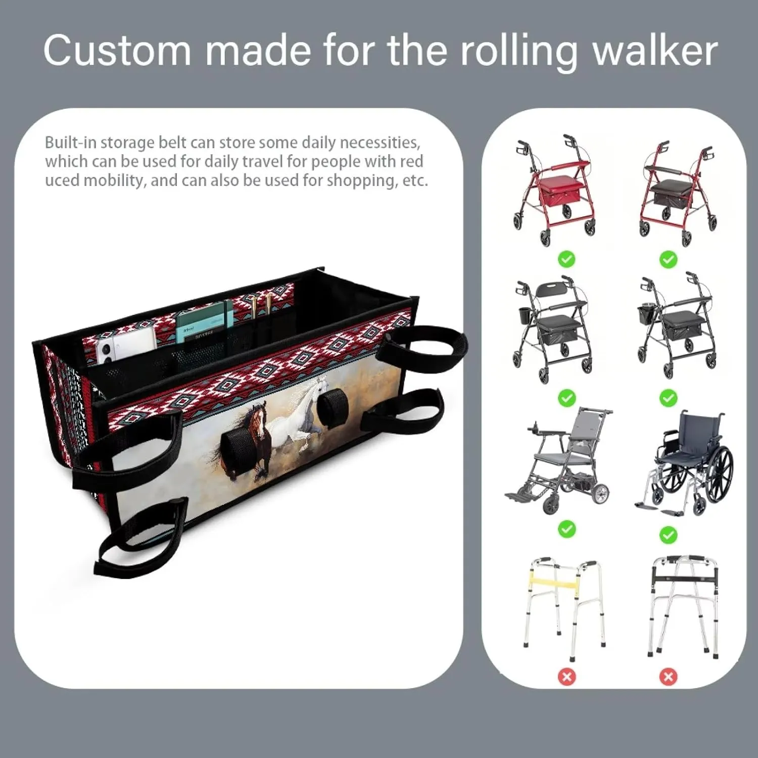 Horse Aztec Tribal Pattern Bag for Walkers for Seniors Reusable Water Resistant Walker Wheelchair Accessories Bag for Four Wheel Rollator Mobility Aid Accessory Pouch