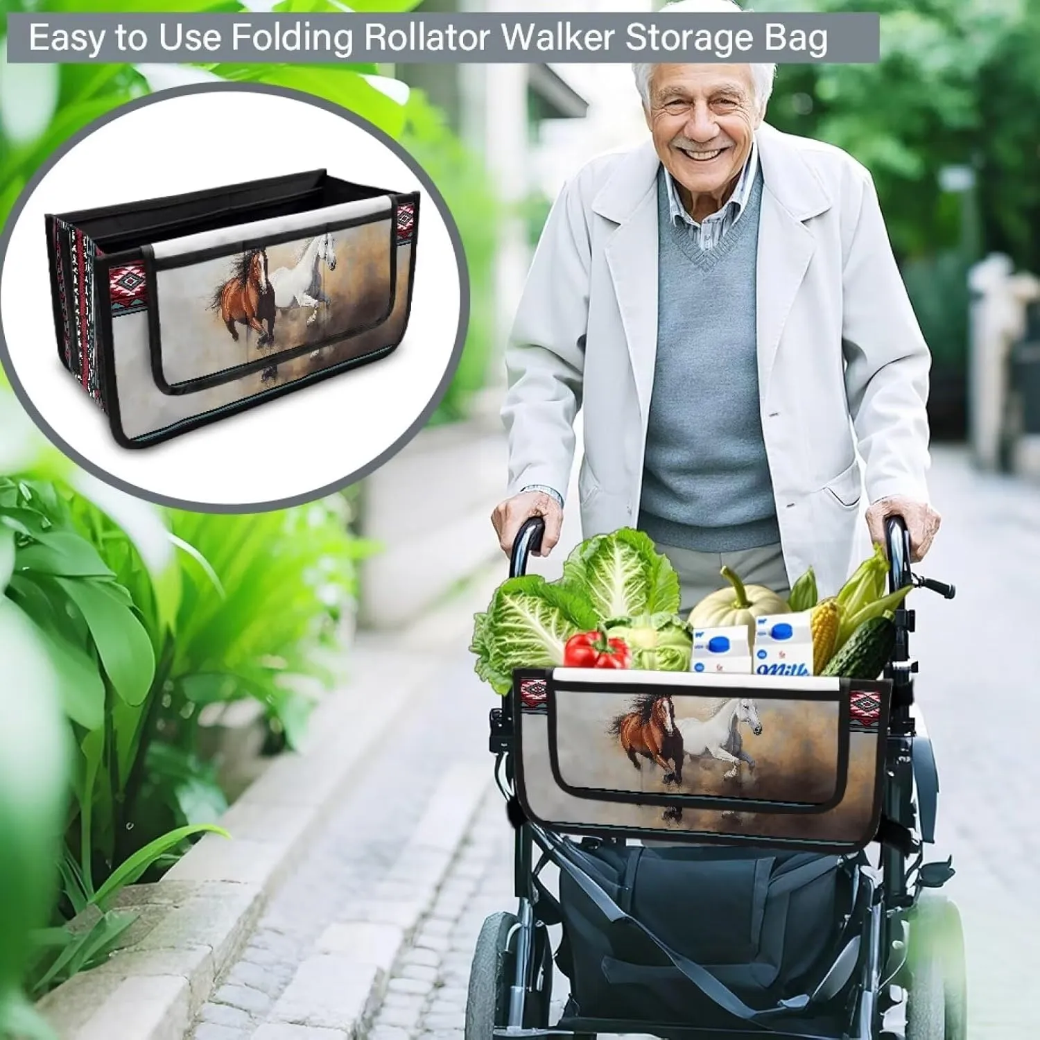 Horse Aztec Tribal Pattern Bag for Walkers for Seniors Reusable Water Resistant Walker Wheelchair Accessories Bag for Four Wheel Rollator Mobility Aid Accessory Pouch