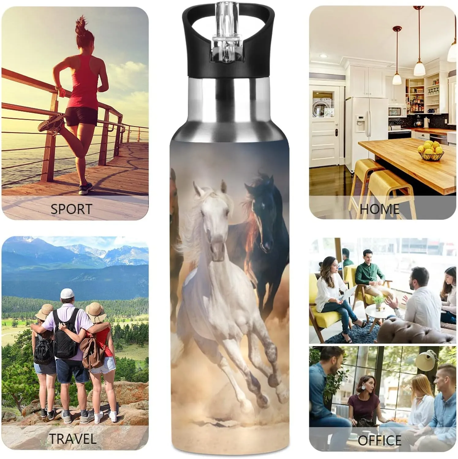 Horse Water Bottle Horses Water Bottle Stainless Steel with Straw Lid for Girls Big Horse Kids Insulated Metal Water Flask 20 oz