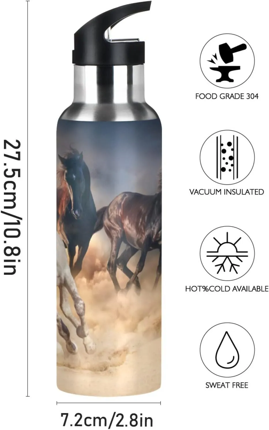 Horse Water Bottle Horses Water Bottle Stainless Steel with Straw Lid for Girls Big Horse Kids Insulated Metal Water Flask 20 oz