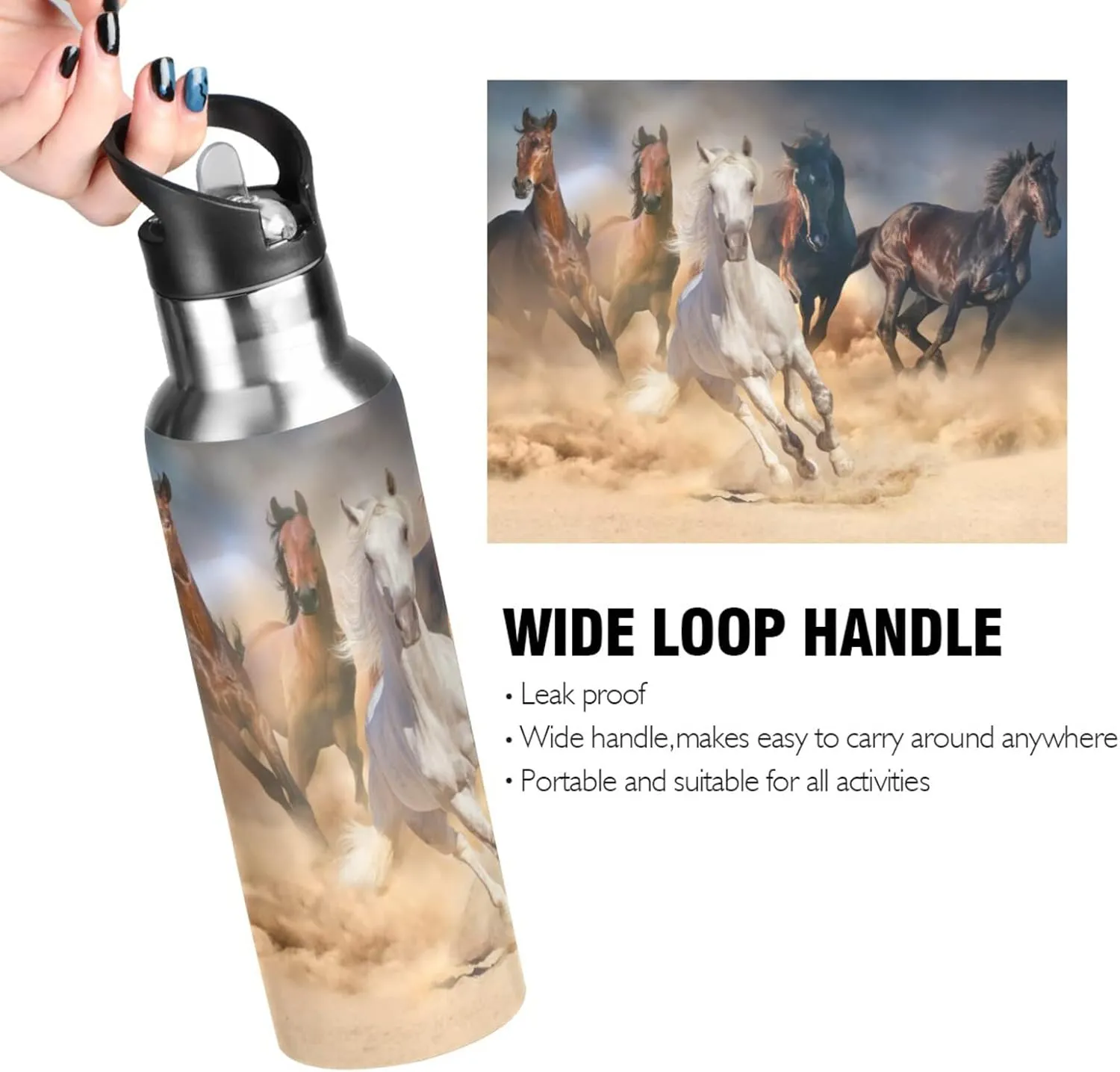 Horse Water Bottle Horses Water Bottle Stainless Steel with Straw Lid for Girls Big Horse Kids Insulated Metal Water Flask 20 oz