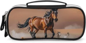 Horses Running in Desert Storm Leather Makeup Bag Portable Small Cosmetic Organizer Waterproof Toiletry Bags Brushes Pencils And Travel Make Up Accessories