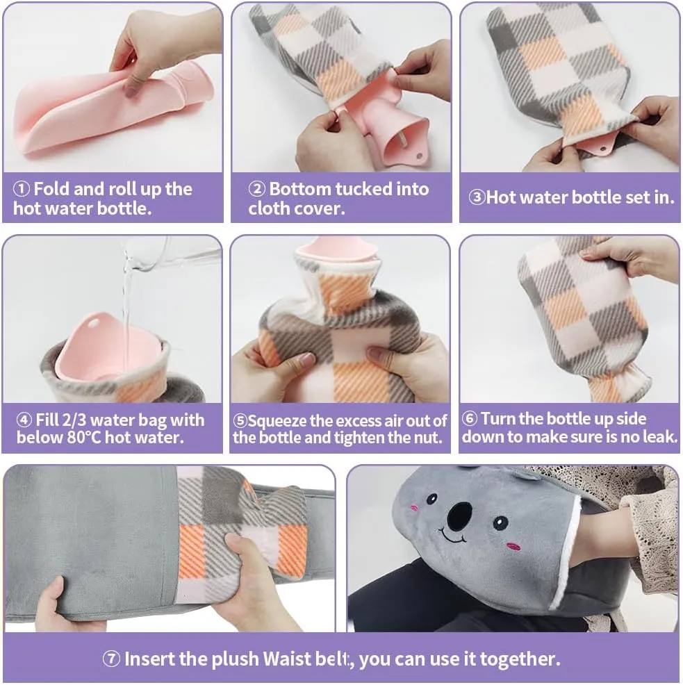 Hot Water Bag, Hot Water Bottle wtih Cover, 1L Rubber Warm Hot Water Bottles Pouch with 130cm Long Soft Waist Cover for Neck, Shoulder, Back, Hand, Legs and Period Pain Relief