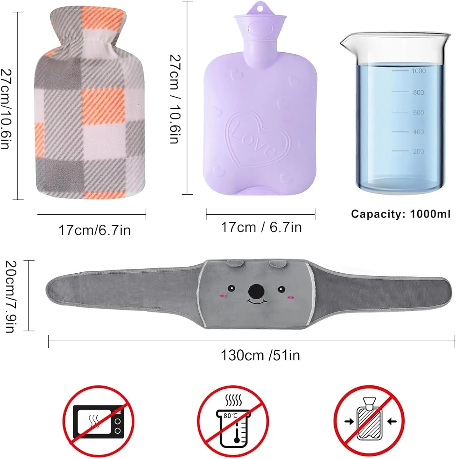 Hot Water Bag, Hot Water Bottle wtih Cover, 1L Rubber Warm Hot Water Bottles Pouch with 130cm Long Soft Waist Cover for Neck, Shoulder, Back, Hand, Legs and Period Pain Relief