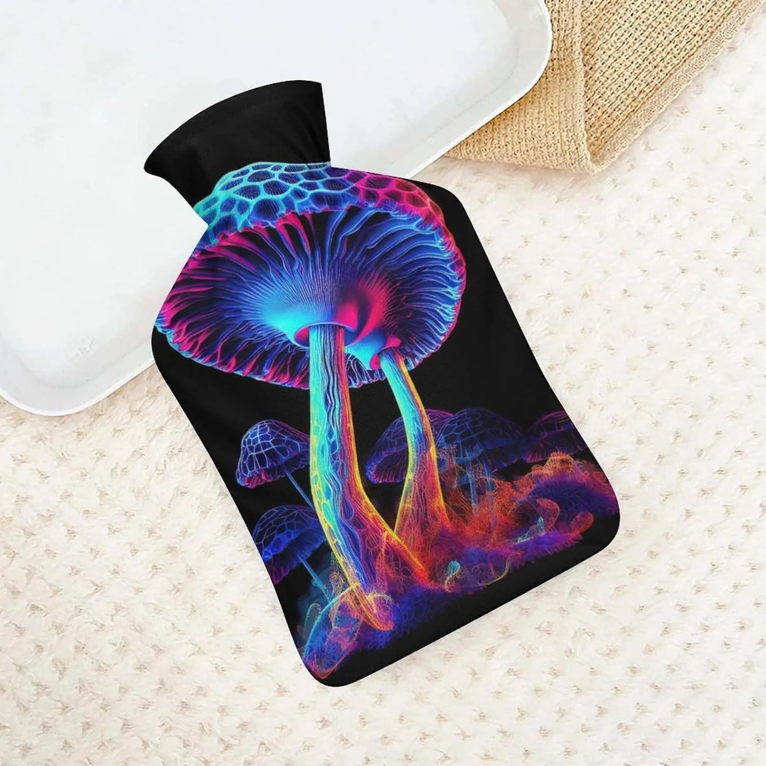 Hot Water Bottle with Soft Cover, Trippy Mushroom 1L Warm Water Bag for Menstrual Cramps, Fungus Neck and Shoulder Pain Relief, Ideal for Hand & Feet Warmer for Kids, Men & Women, Hot & Cold Compress