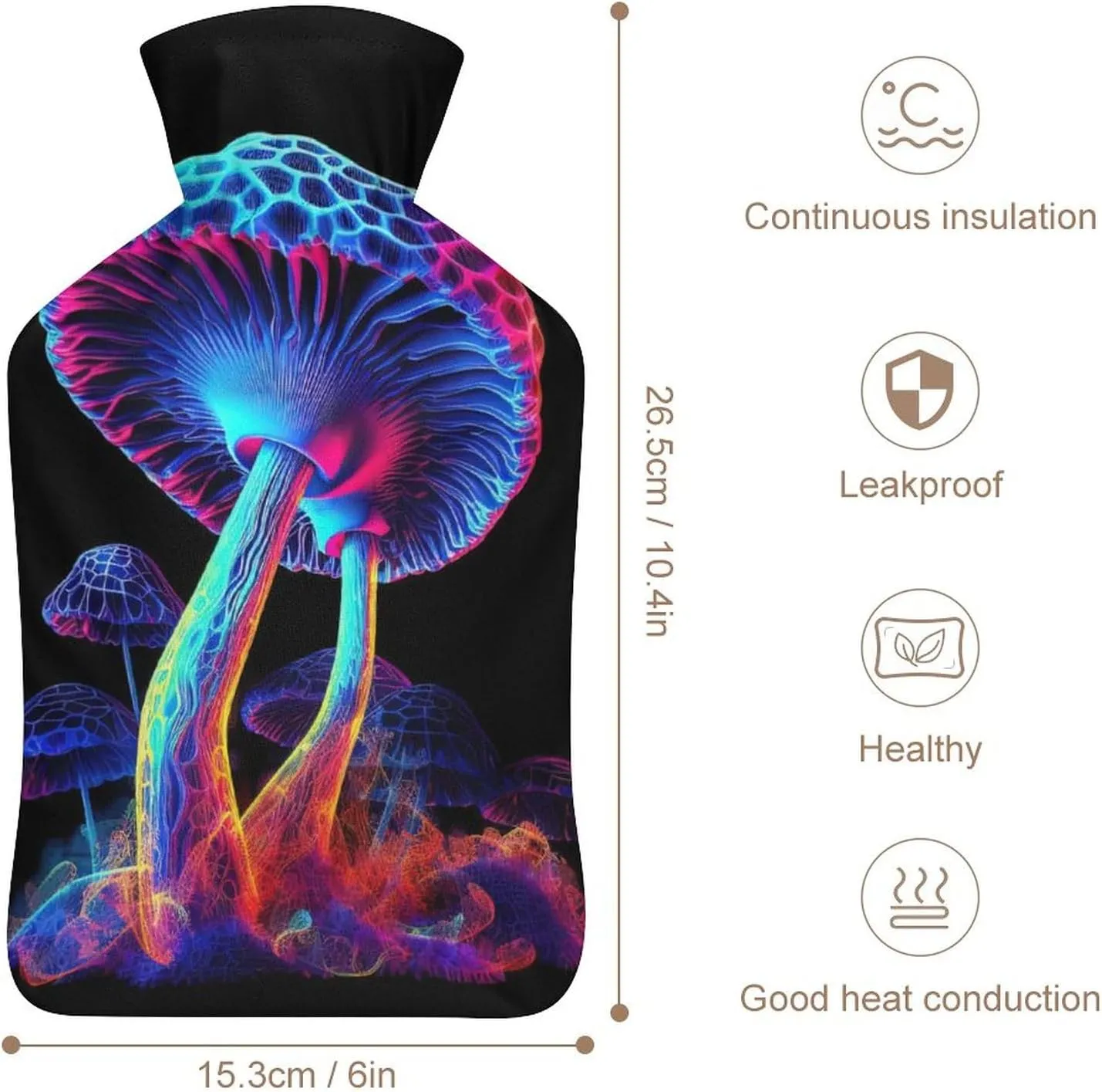 Hot Water Bottle with Soft Cover, Trippy Mushroom 1L Warm Water Bag for Menstrual Cramps, Fungus Neck and Shoulder Pain Relief, Ideal for Hand & Feet Warmer for Kids, Men & Women, Hot & Cold Compress