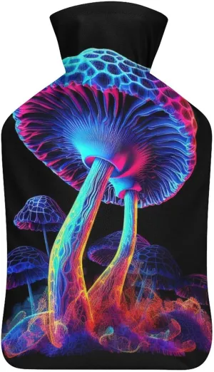 Hot Water Bottle with Soft Cover, Trippy Mushroom 1L Warm Water Bag for Menstrual Cramps, Fungus Neck and Shoulder Pain Relief, Ideal for Hand & Feet Warmer for Kids, Men & Women, Hot & Cold Compress