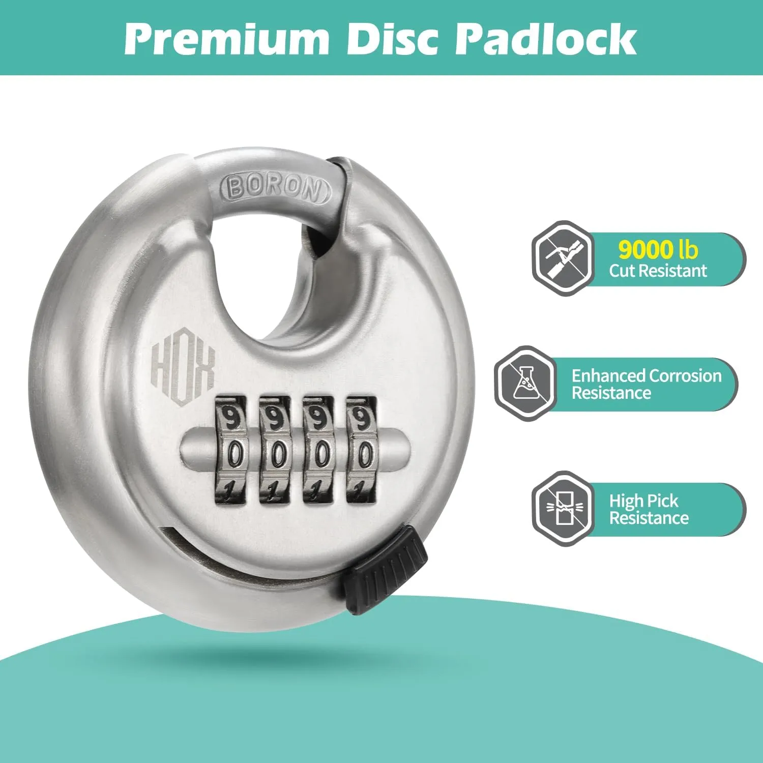 HOX Boron Shackle Combination Disc Lock, 70mm Stainless Steel Body, Heavy-Duty Weather-Resistant and Anti-Cut Padlock for Storage Units, Garages, Sliding Doors, and Cabinets (4 Pack)