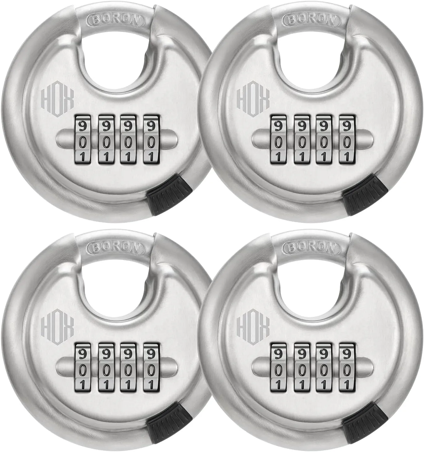 HOX Boron Shackle Combination Disc Lock, 70mm Stainless Steel Body, Heavy-Duty Weather-Resistant and Anti-Cut Padlock for Storage Units, Garages, Sliding Doors, and Cabinets (4 Pack)
