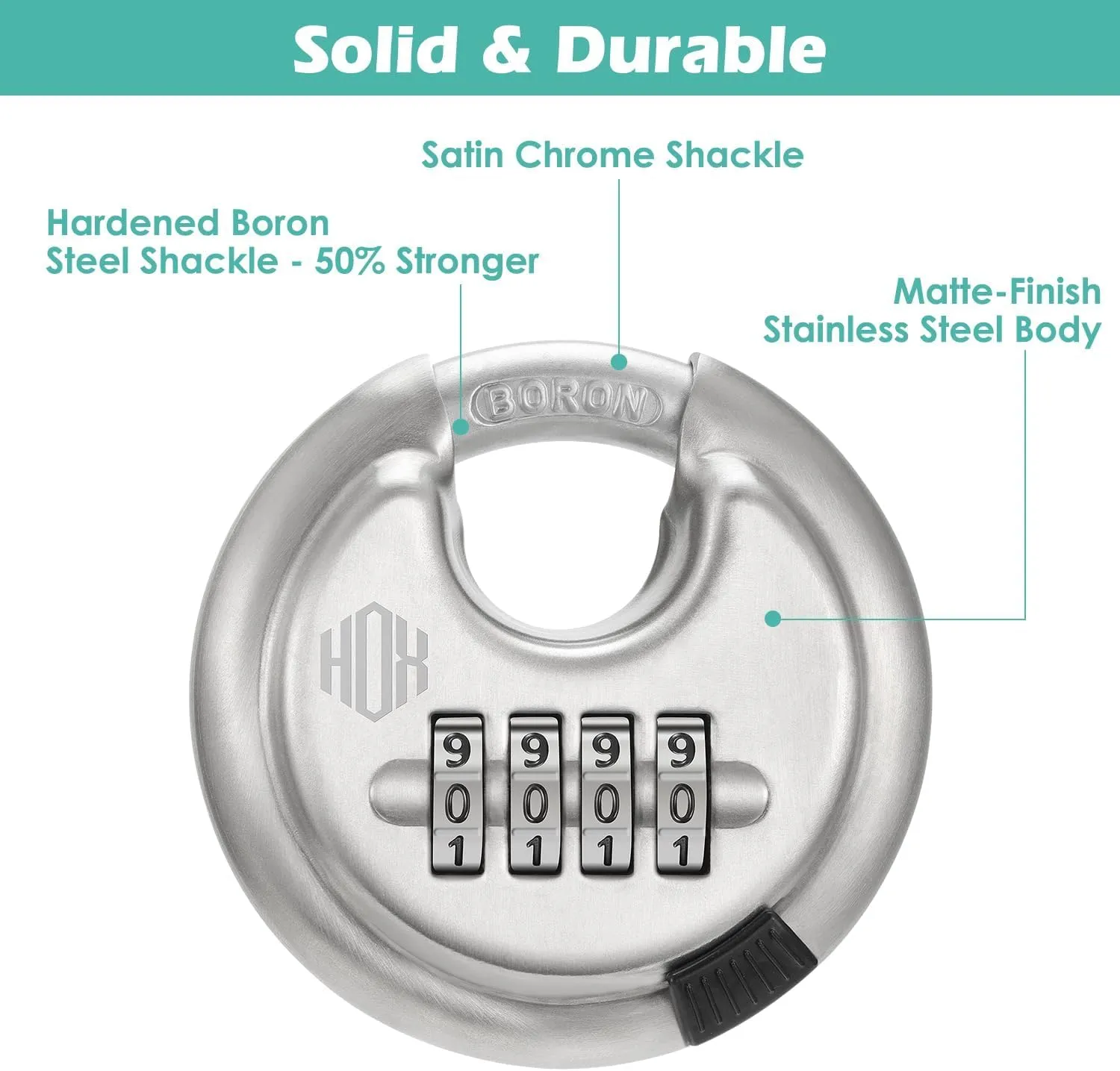 HOX Boron Shackle Combination Disc Lock, 70mm Stainless Steel Body, Heavy-Duty Weather-Resistant and Anti-Cut Padlock for Storage Units, Garages, Sliding Doors, and Cabinets (4 Pack)