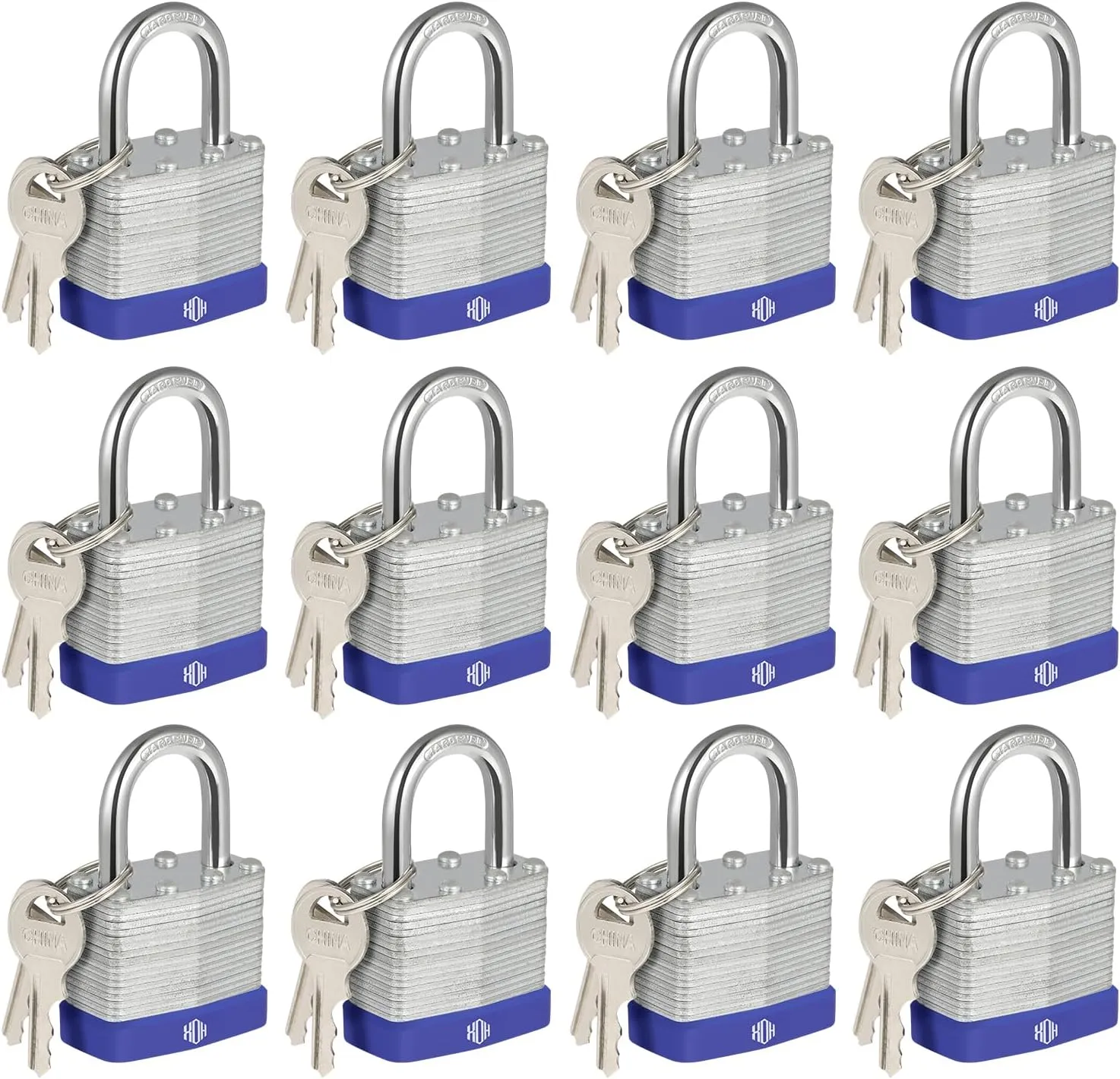 HOX Locks 12-Pack Keyed-Alike Padlocks w/ 1.2” Shackle, 1-9/16” Wide Body, Hardened Steel Case Shackle Padlock, Brass Cylinder - for Hasp Latch, Sheds, Fences, Storage Locker